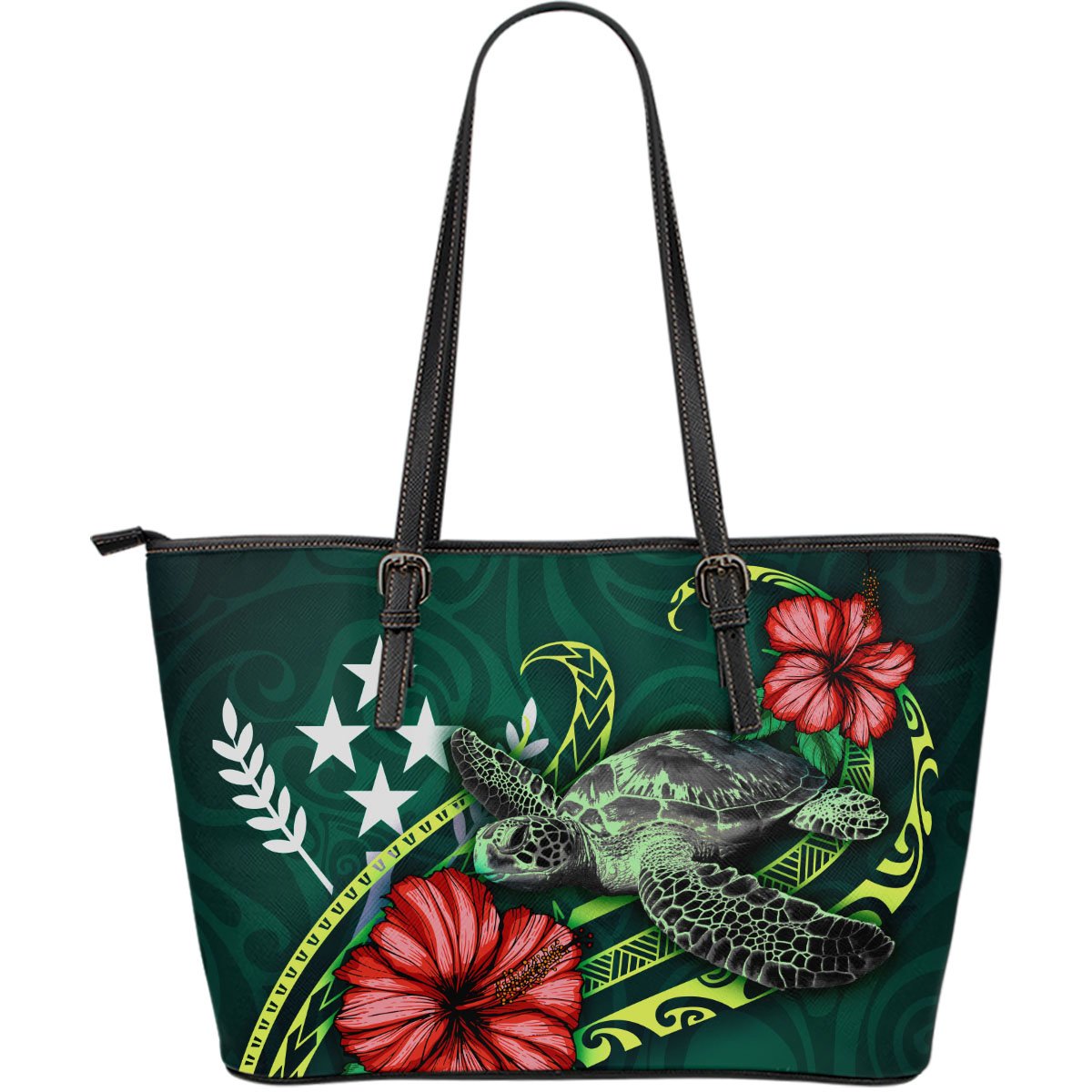 Kosrae Micronesia Polynesian Leather Tote Bag - Green Turtle Hibiscus Green - Polynesian Pride