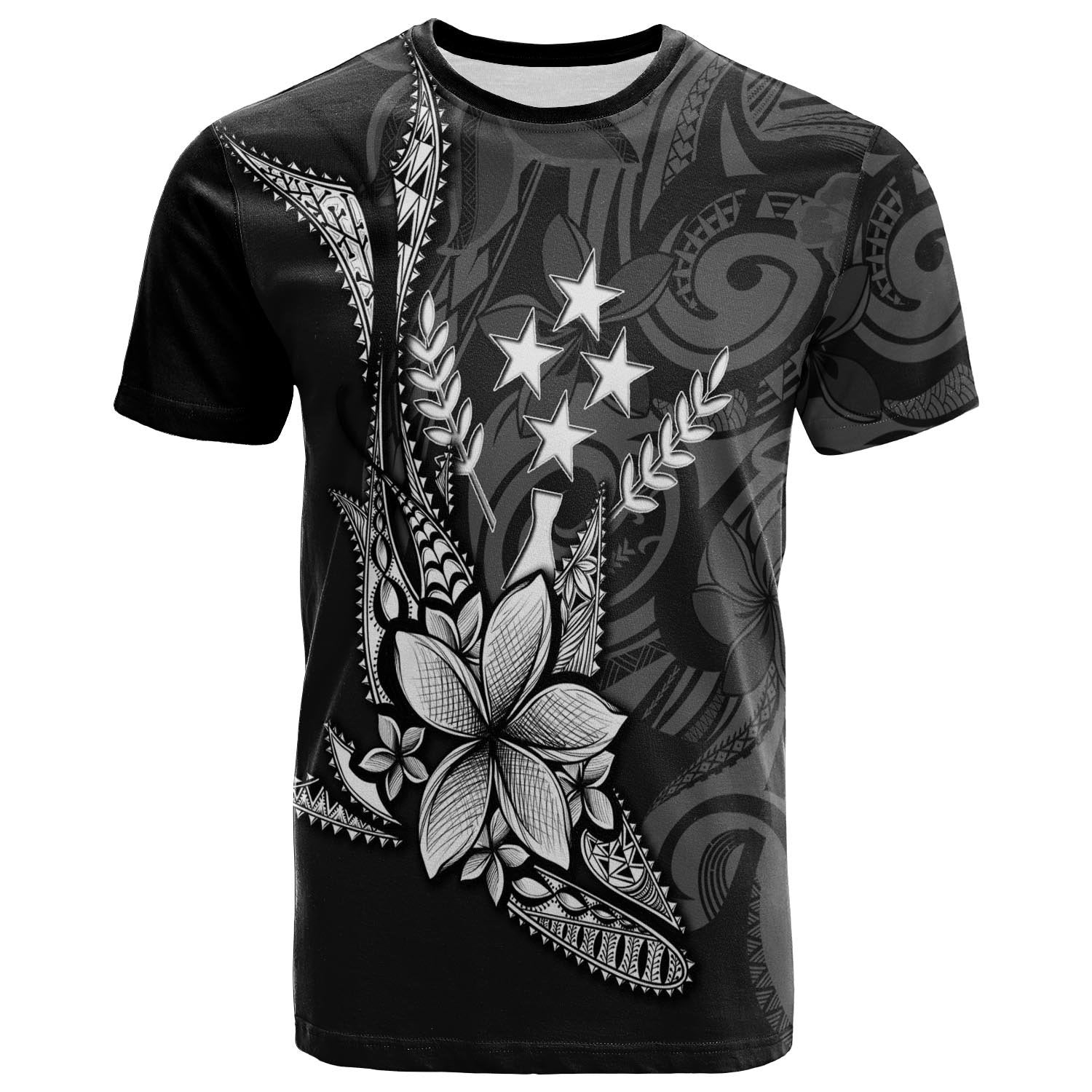 Kosrae State Custom T Shirt Fish With Plumeria Flowers Style Unisex Black - Polynesian Pride