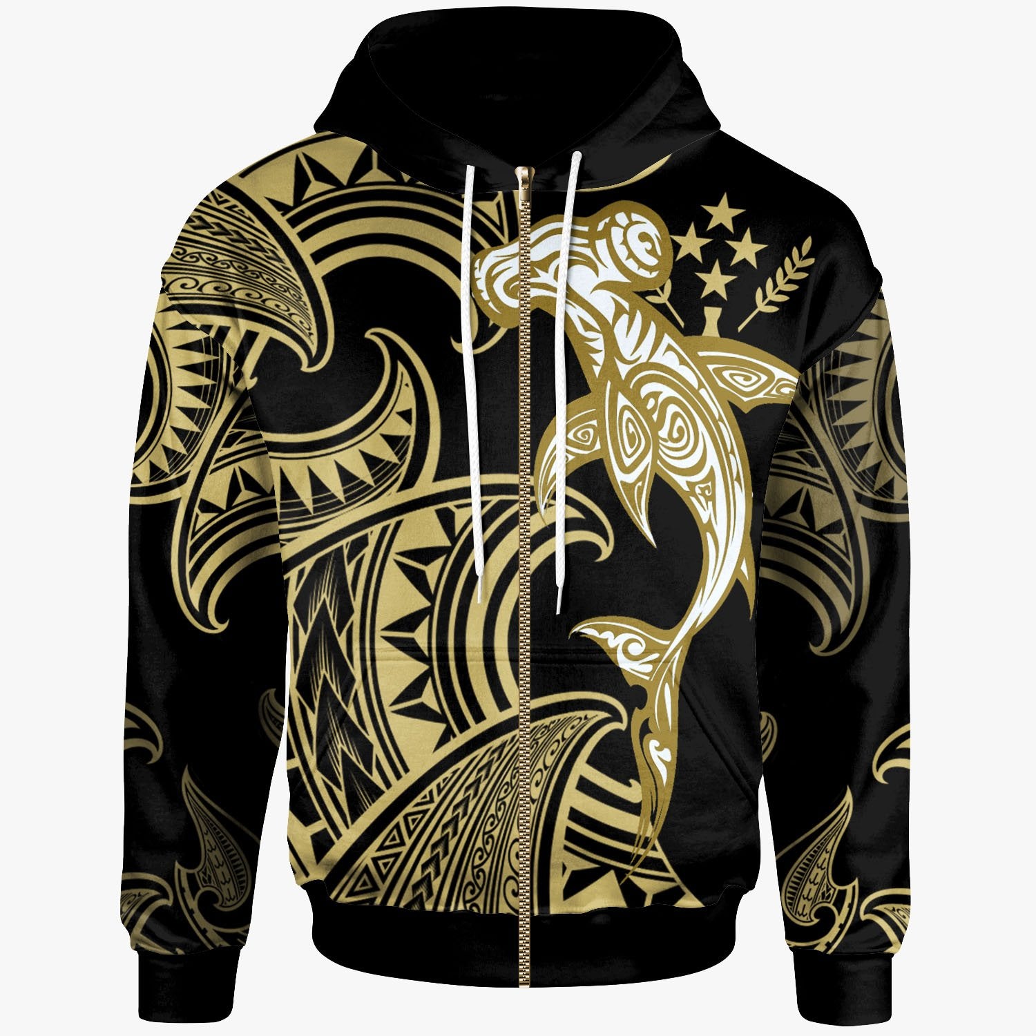 Kosrae Zip Hoodie Hammerhead Shark Tribal Pattern Unisex Gold - Polynesian Pride