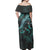 Kosrae Woman Off Shoulder Long Dress - Kosrae Coat Of Arms With Polynesian Turtle Blooming Hibiscus Turquoise - Polynesian Pride