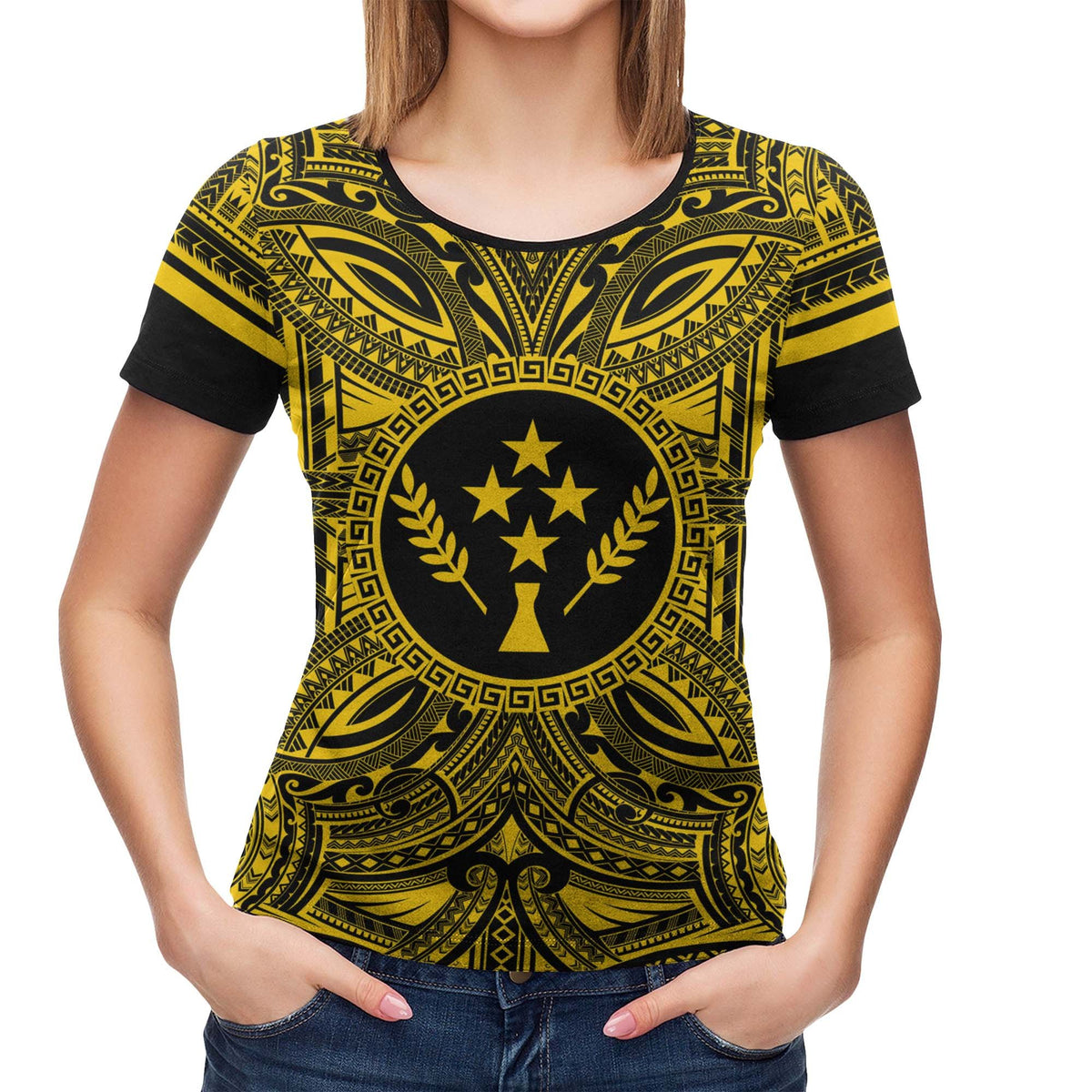 Kosrae All T Shirt Kosrae Coat Of Arms Polynesian Gold Black - Polynesian Pride