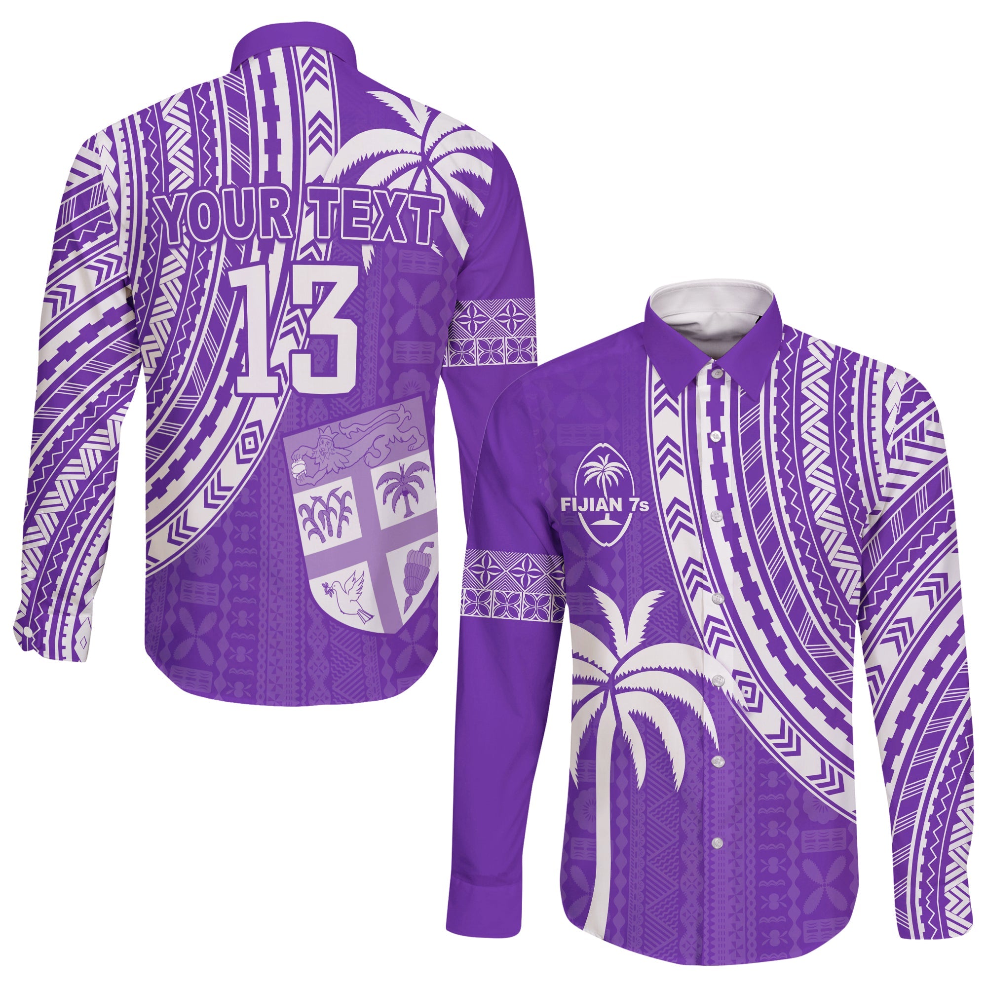 (Custom Text and Number) Fiji Rugby Sevens Long Sleeve Button Shirt Fijian 7s Tapa Polynesian Purple LT13 Unisex Purple - Polynesian Pride