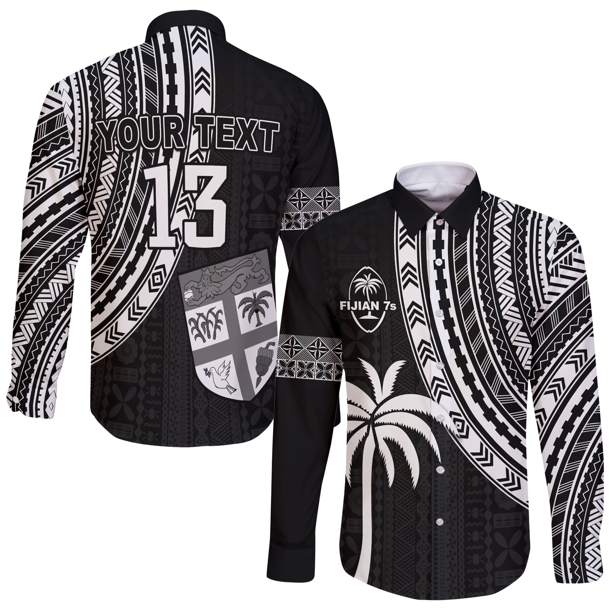 (Custom Text and Number) Fiji Rugby Sevens Long Sleeve Button Shirt Fijian 7s Tapa Polynesian LT13 Unisex Black - Polynesian Pride