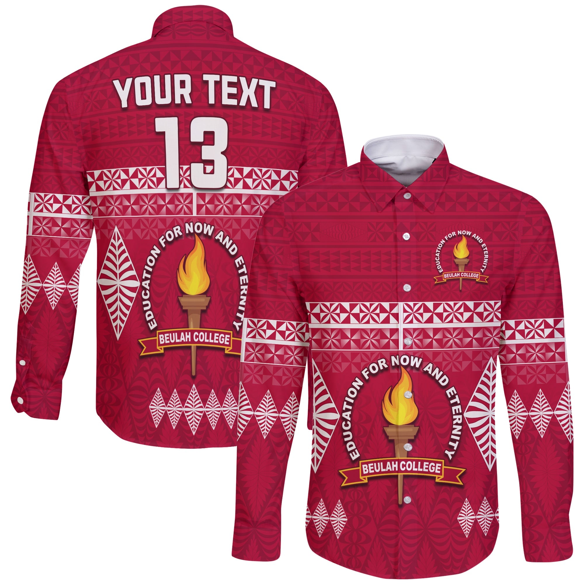 (Custom Text and Number) Beulah College Long Sleeve Button Shirt Ngatu Pattern Tonga LT13 Unisex Maroon - Polynesian Pride