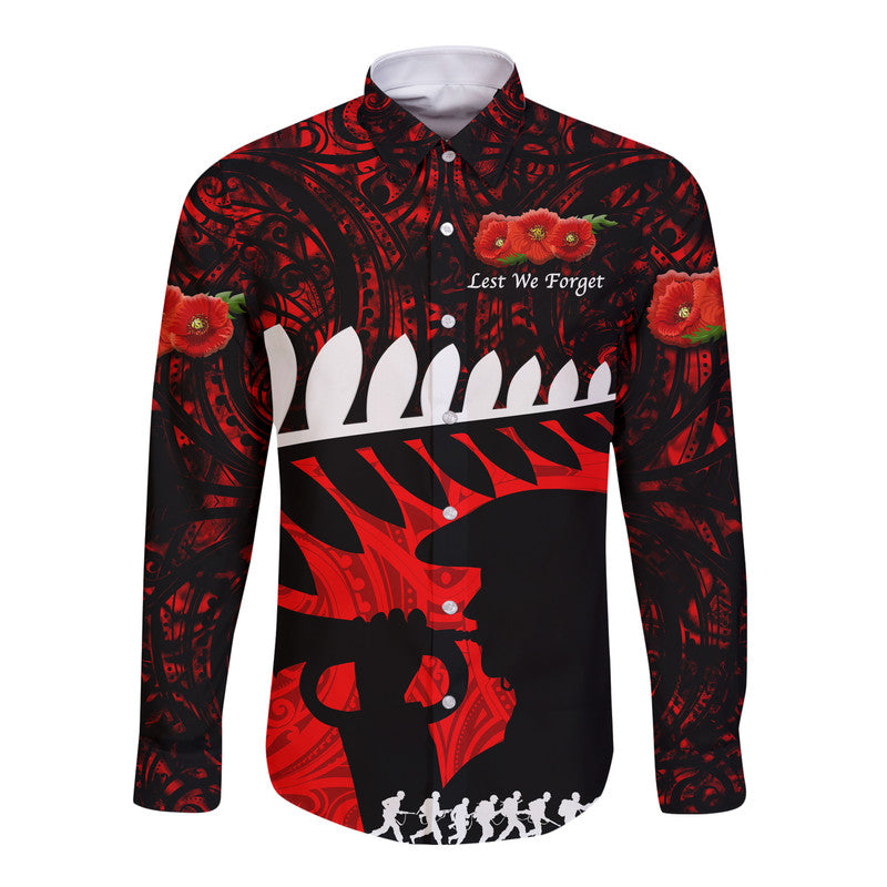 New Zealand Maori ANZAC Hawaii Long Sleeve Button Shirt Remembrance Soldier - Red LT8 Unisex Red - Polynesian Pride