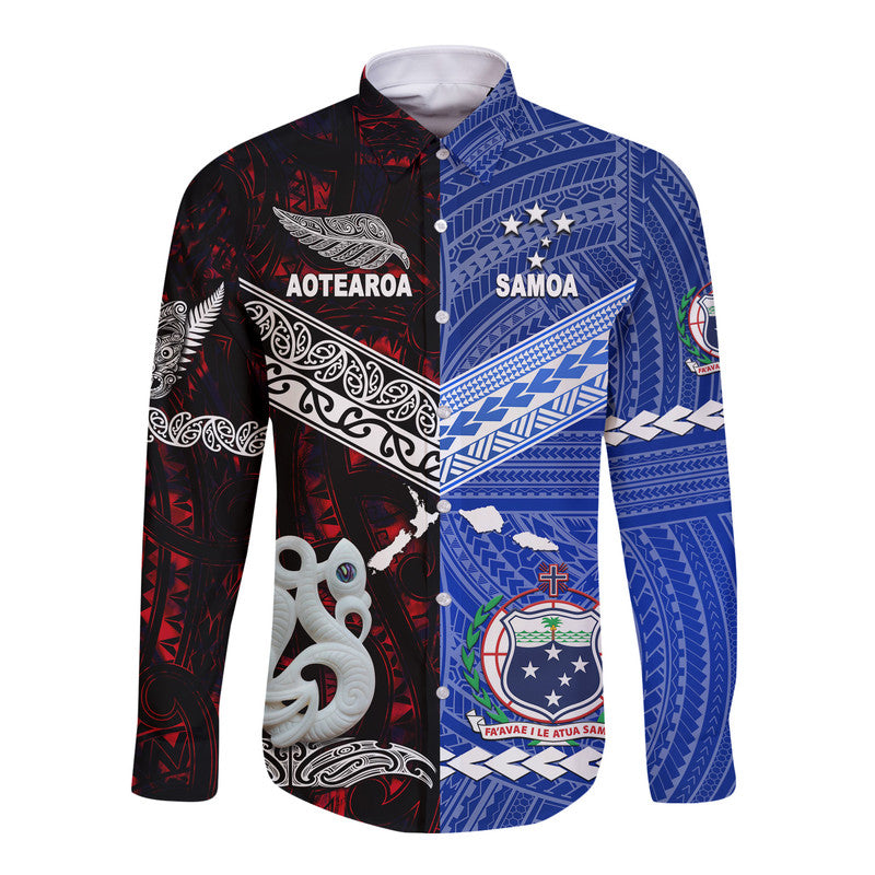 Samoa And New Zealand Hawaii Long Sleeve Button Shirt Together - Red LT8 Unisex Red - Polynesian Pride