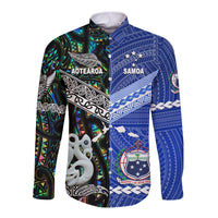 (Custom Personalised) Samoa And New Zealand Hawaii Long Sleeve Button Shirt Together - Paua Shell LT8 Unisex Blue - Polynesian Pride