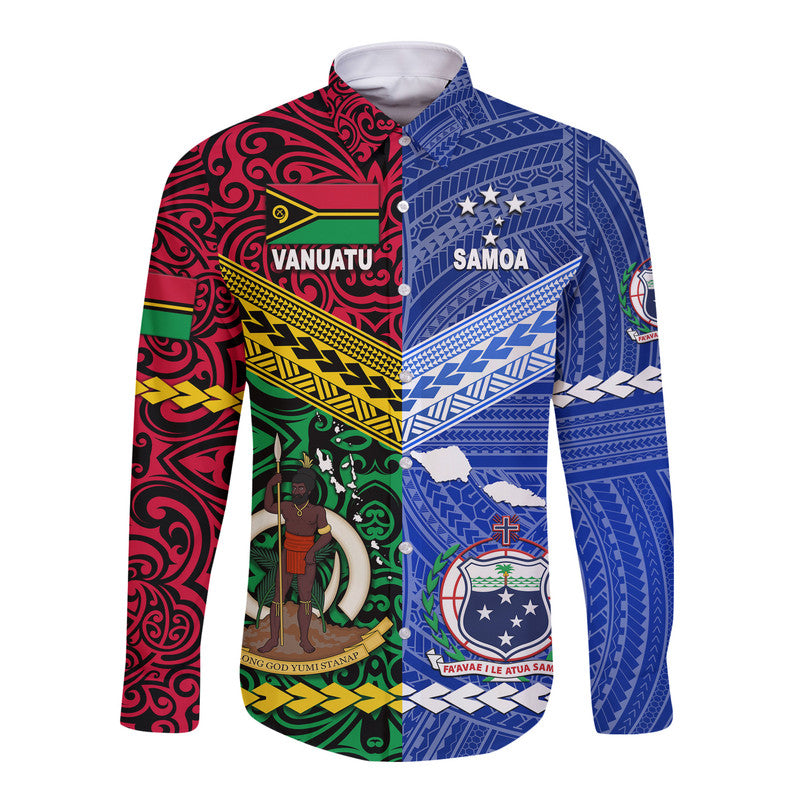 (Custom Personalised) Samoa And Vanuatu Hawaii Long Sleeve Button Shirt Together LT8 Unisex Blue - Polynesian Pride