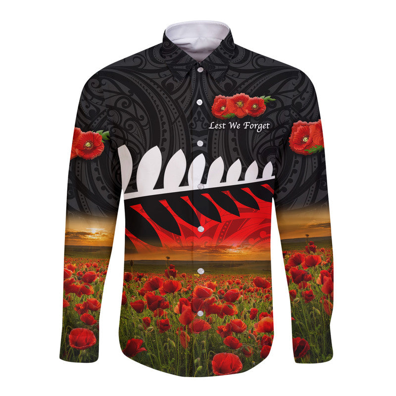 New Zealand Maori ANZAC Hawaii Long Sleeve Button Shirt Poppy Vibes - Black LT8 Unisex Black - Polynesian Pride