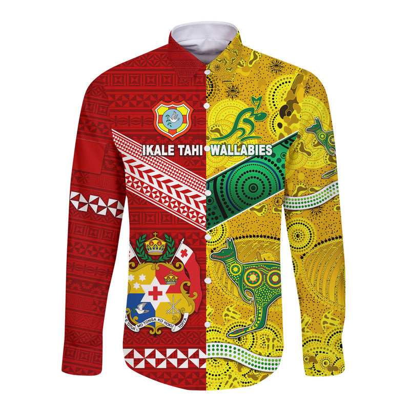 Tonga Ikale Tahi Ngatu And Australia Wallabies Aboriginal Hawaii Long Sleeve Button Shirt Rugby Together LT8 Unisex - Polynesian Pride