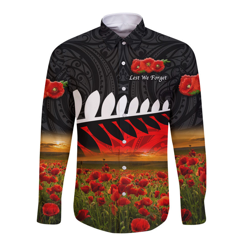 (Custom Personalised) New Zealand Maori ANZAC Hawaii Long Sleeve Button Shirt Poppy Vibes - Black LT8 Unisex Black - Polynesian Pride