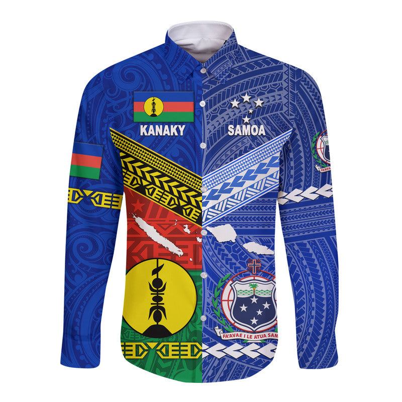 Samoa And Kanaky New Caledonia Hawaii Long Sleeve Button Shirt Together LT8 Unisex Blue - Polynesian Pride