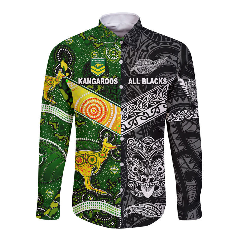 (Custom Personalised) New Zealand Maori All Black And Australia Kangaroos Aboriginal Hawaii Long Sleeve Button Shirt Rugby Together LT8 Unisex - Polynesian Pride