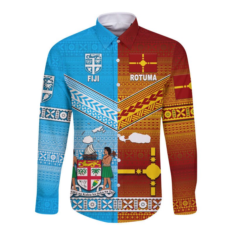 (Custom Personalised) Fiji And Rotuma Tapa Pattern Hawaii Long Sleeve Button Shirt Together LT8 Unisex Blue - Polynesian Pride
