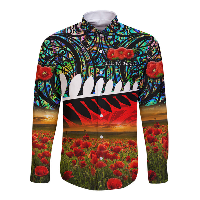 (Custom Personalised) New Zealand Maori ANZAC Hawaii Long Sleeve Button Shirt Poppy Vibes - Paua Shell LT8 Unisex Green - Polynesian Pride