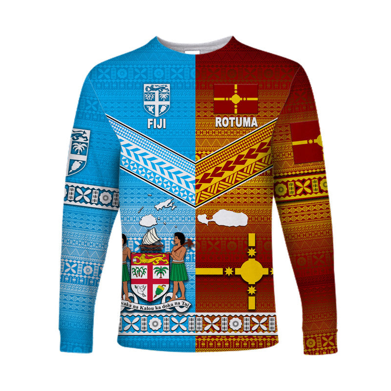 Fiji And Rotuma Tapa Pattern Long Sleeve Shirt Together LT8 Unisex Blue - Polynesian Pride
