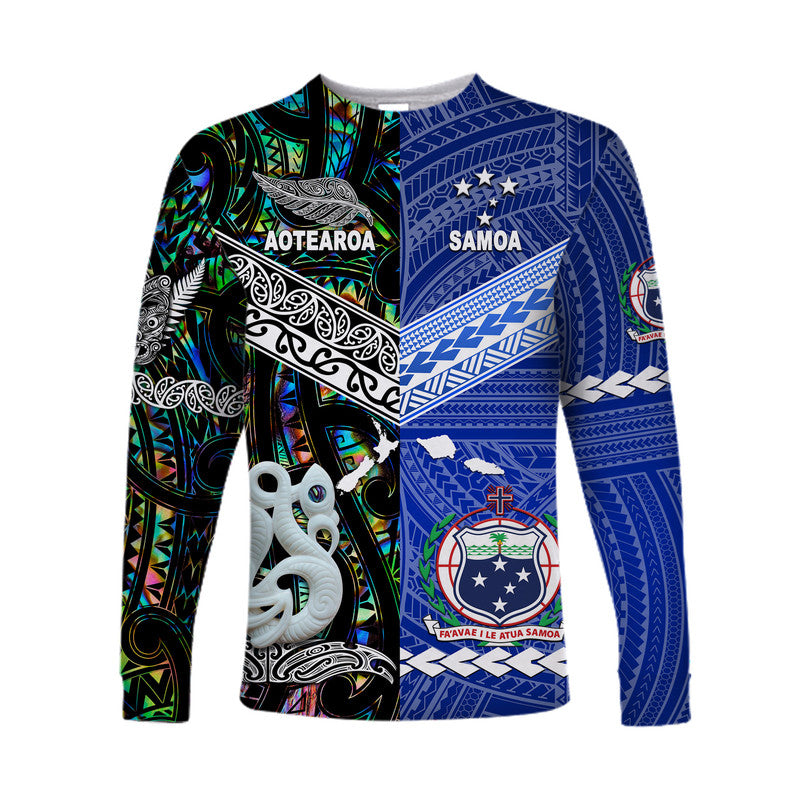 Samoa And New Zealand Long Sleeve Shirt Together - Paua Shell LT8 Unisex Blue - Polynesian Pride