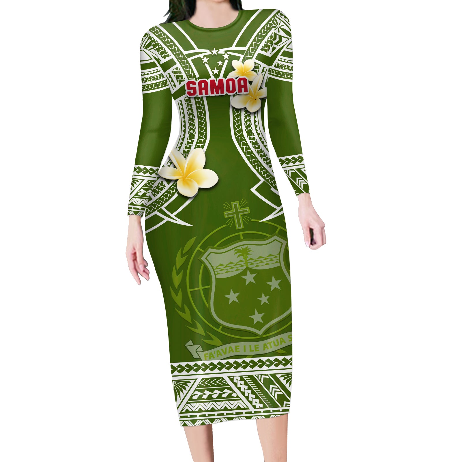 (Custom Personalised) Samoa Long Sleeves Dress Samoan Plumeria Flowers Mix Polynesian Pattern Ver.02 LT14 Women Green - Polynesian Pride