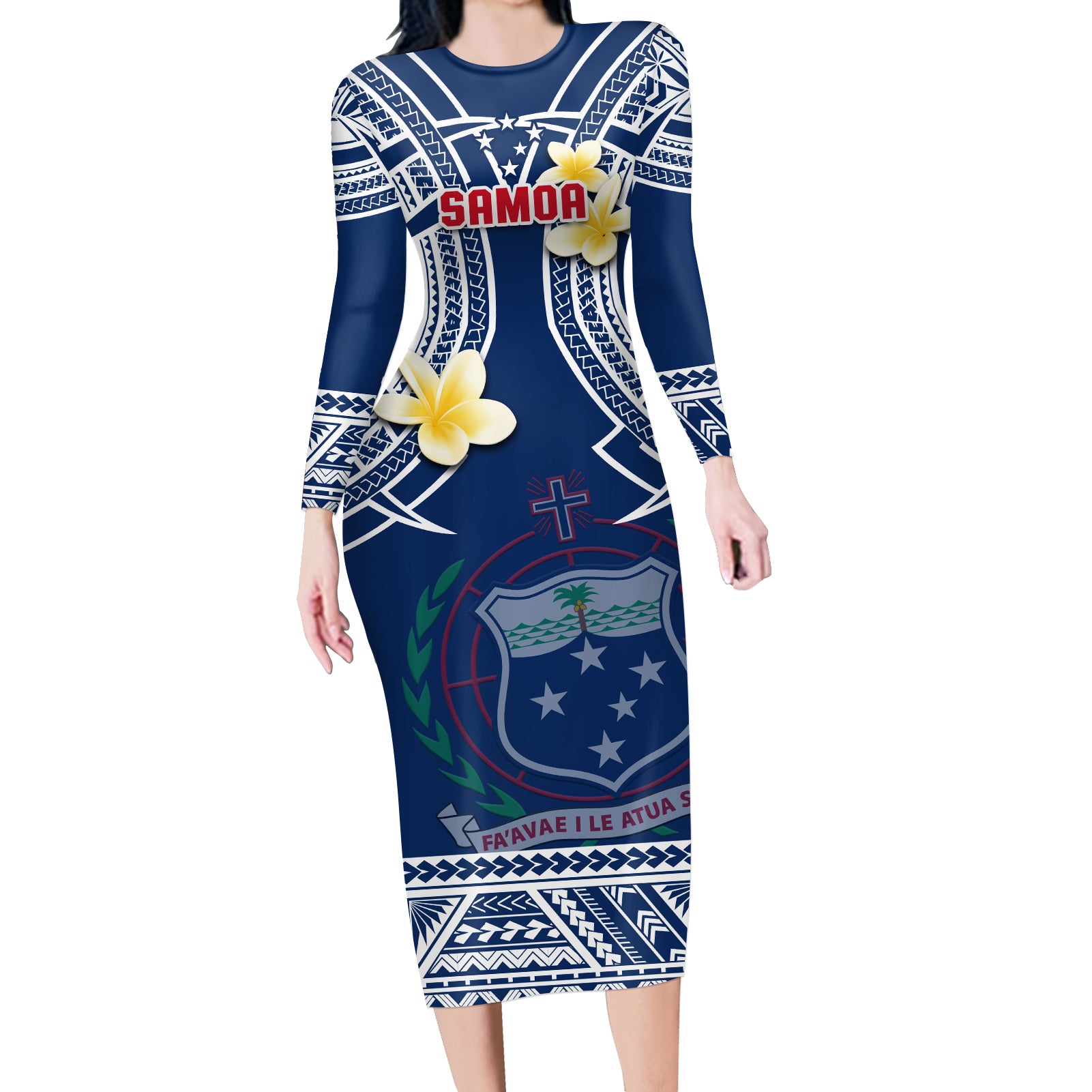 (Custom Personalised) Samoa Long Sleeves Dress Samoan Plumeria Flowers Mix Polynesian Pattern Ver.01 LT14 Women Blue - Polynesian Pride