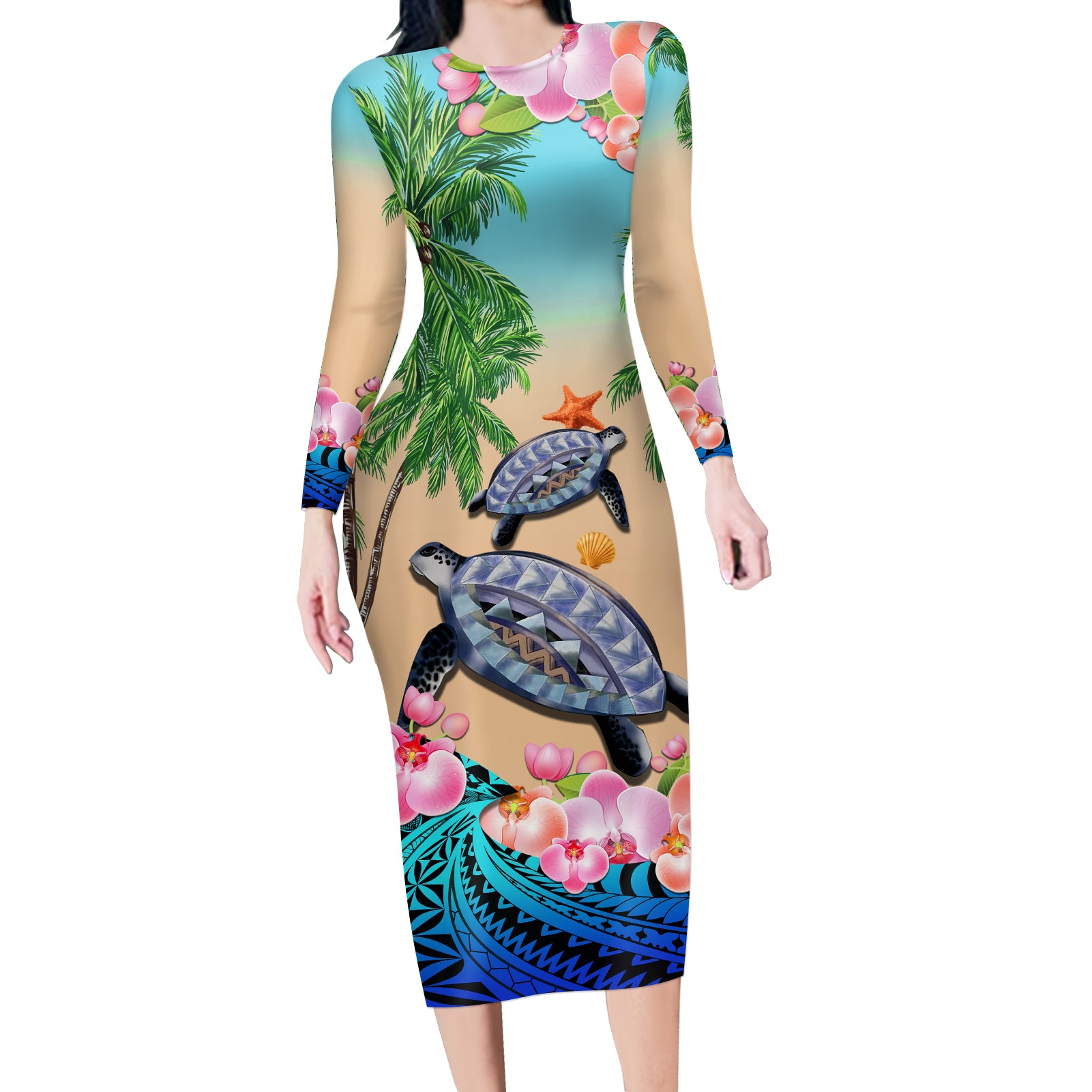 (Custom Personalised) Polynesian Turtle Coconut Tree And Orchids Long Sleeves Dress LT14 Women Blue - Polynesian Pride