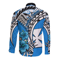 Wallis et Futuna Hawaii Long Sleeve Button Shirt Polynesian Pattern and Hibiscus Flowers Version Blue LT13 - Polynesian Pride
