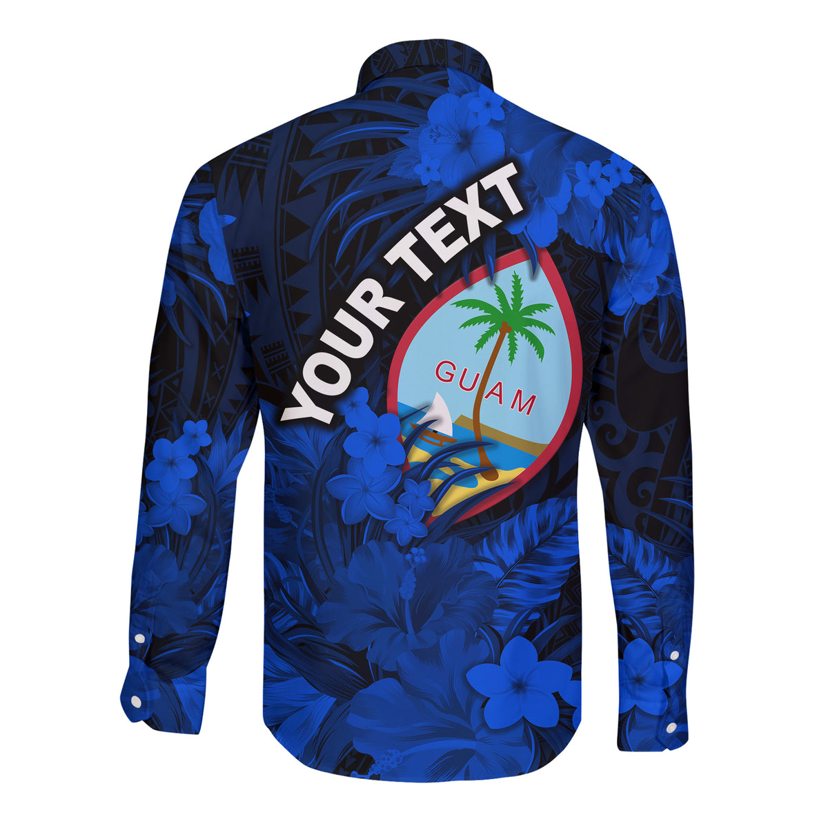 (Custom Personalised) Guam Polynesian Hawaii Long Sleeve Button Shirt Tropical Flowers - Blue LT8 - Polynesian Pride