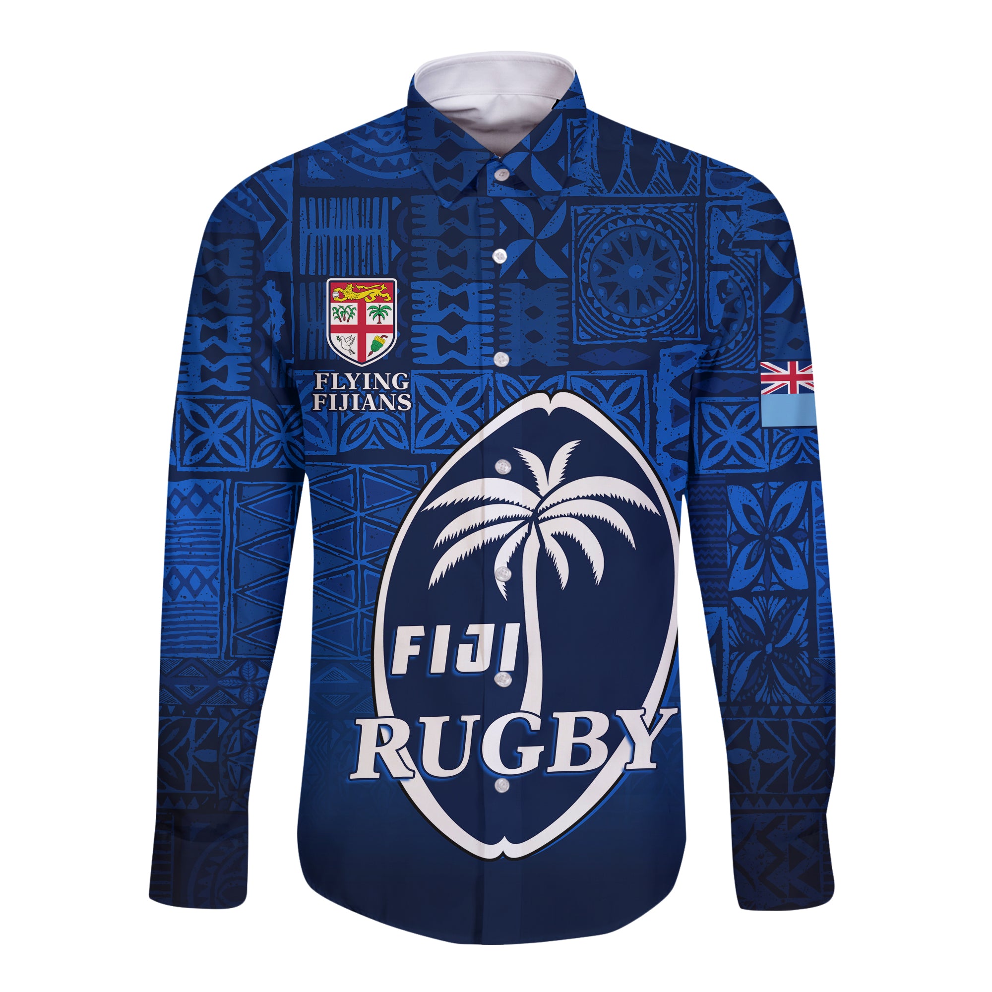 Fiji Rugby Hawaii Long Sleeve Button Shirt Flying Fijians Blue Tapa Pattern LT13 Unisex Blue - Polynesian Pride