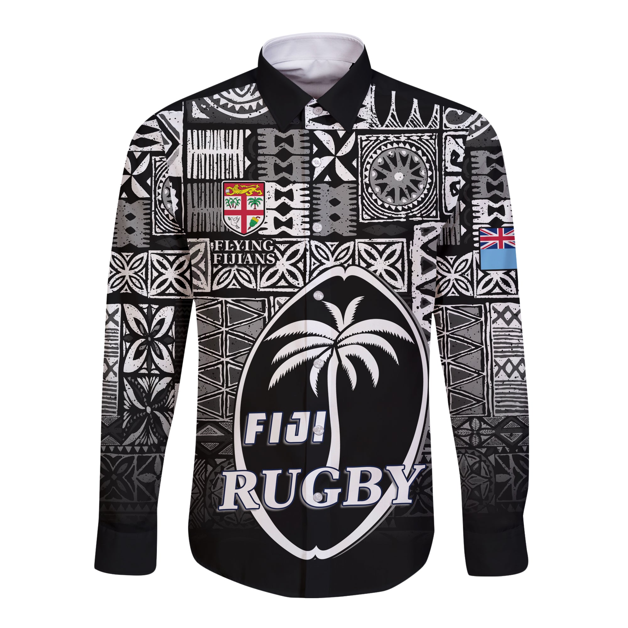 (Custom Text and Number) Fiji Rugby Hawaii Long Sleeve Button Shirt Flying Fijians Black Tapa Pattern LT13 Unisex Black - Polynesian Pride