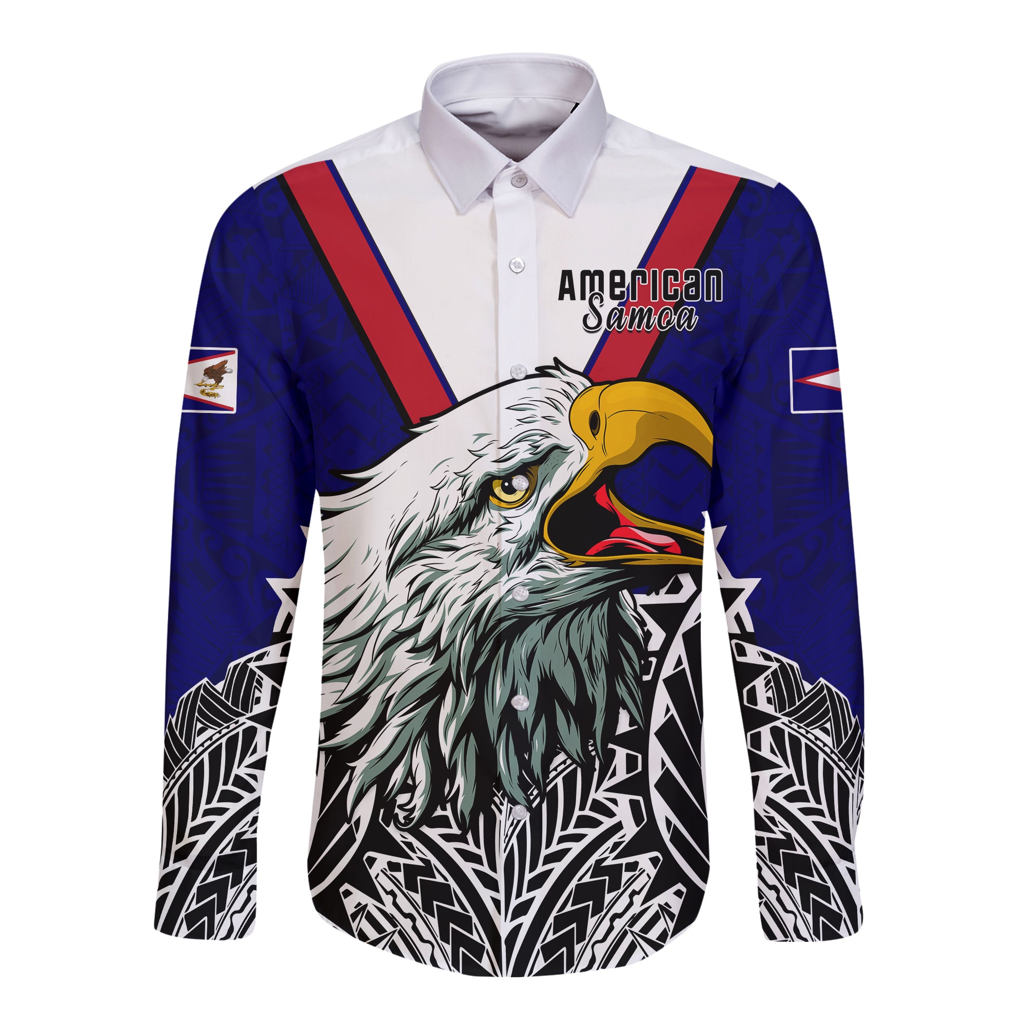 American Samoa Hawaii Long Sleeve Button Shirt Bald Eagle Mix Polynesian LT13 Unisex Blue - Polynesian Pride