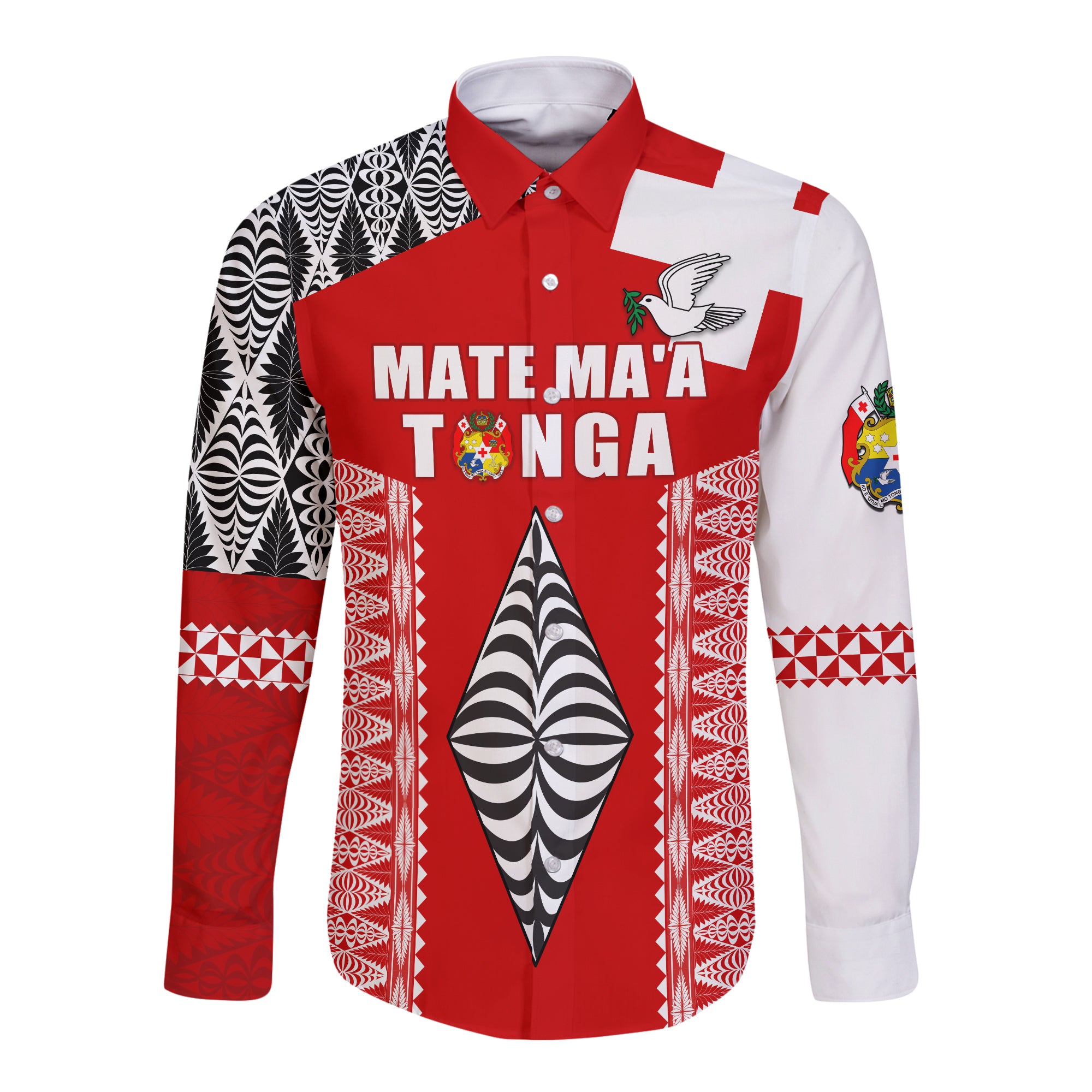 (Custom Text and Number) Tonga Rugby Long Sleeve Button Shirt Kupesi Ngatu Mate Maa Tonga LT13 Unisex Red - Polynesian Pride