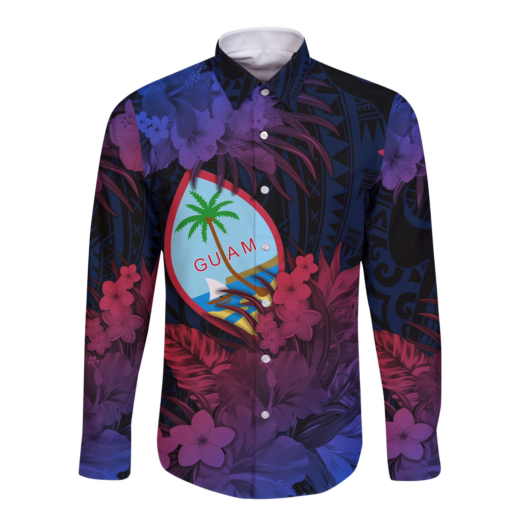 (Custom Personalised) Guam Polynesian Hawaii Long Sleeve Button Shirt Tropical Flowers - Gradient Vibes LT8 - Polynesian Pride