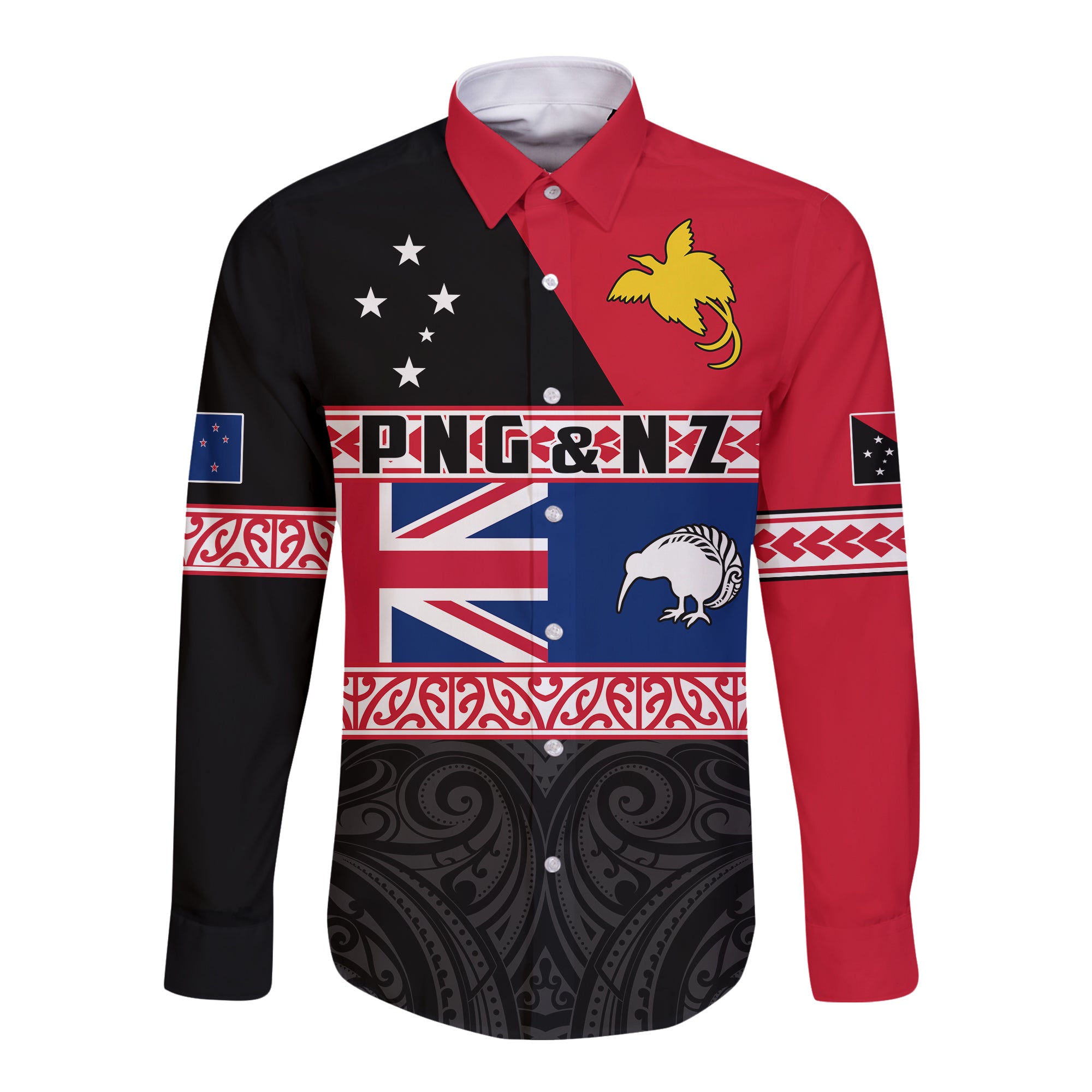 Papua New Guinea and New Zealand Hawaii Long Sleeve Button Shirt Maori PNG and NZ LT13 Unisex Black - Polynesian Pride