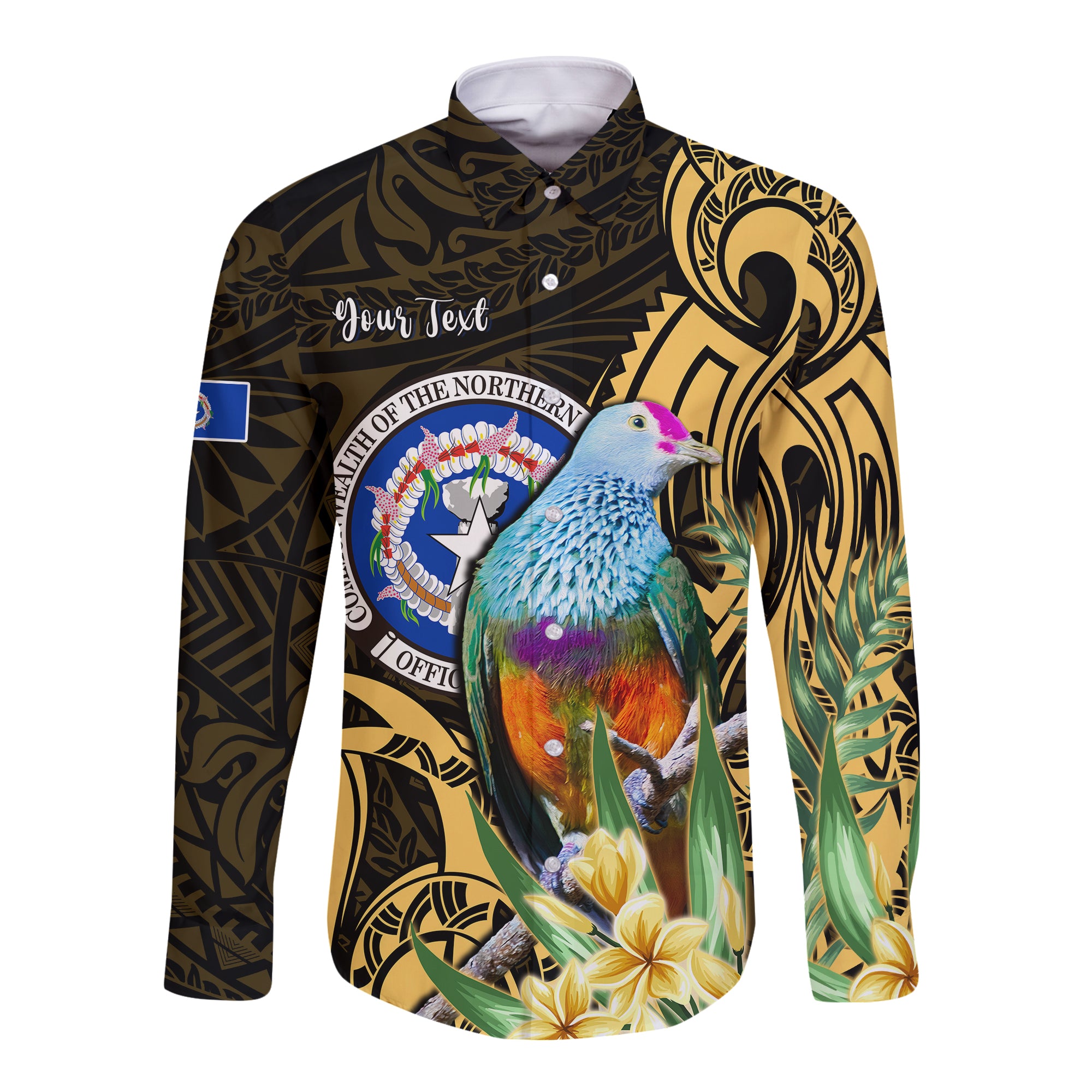 (Custom Personalised) Northern Mariana Islands Hawaii Long Sleeve Button Shirt Mariana Fruit Dove Mix Frangipani Flowers Gold LT13 Unisex Gold - Polynesian Pride