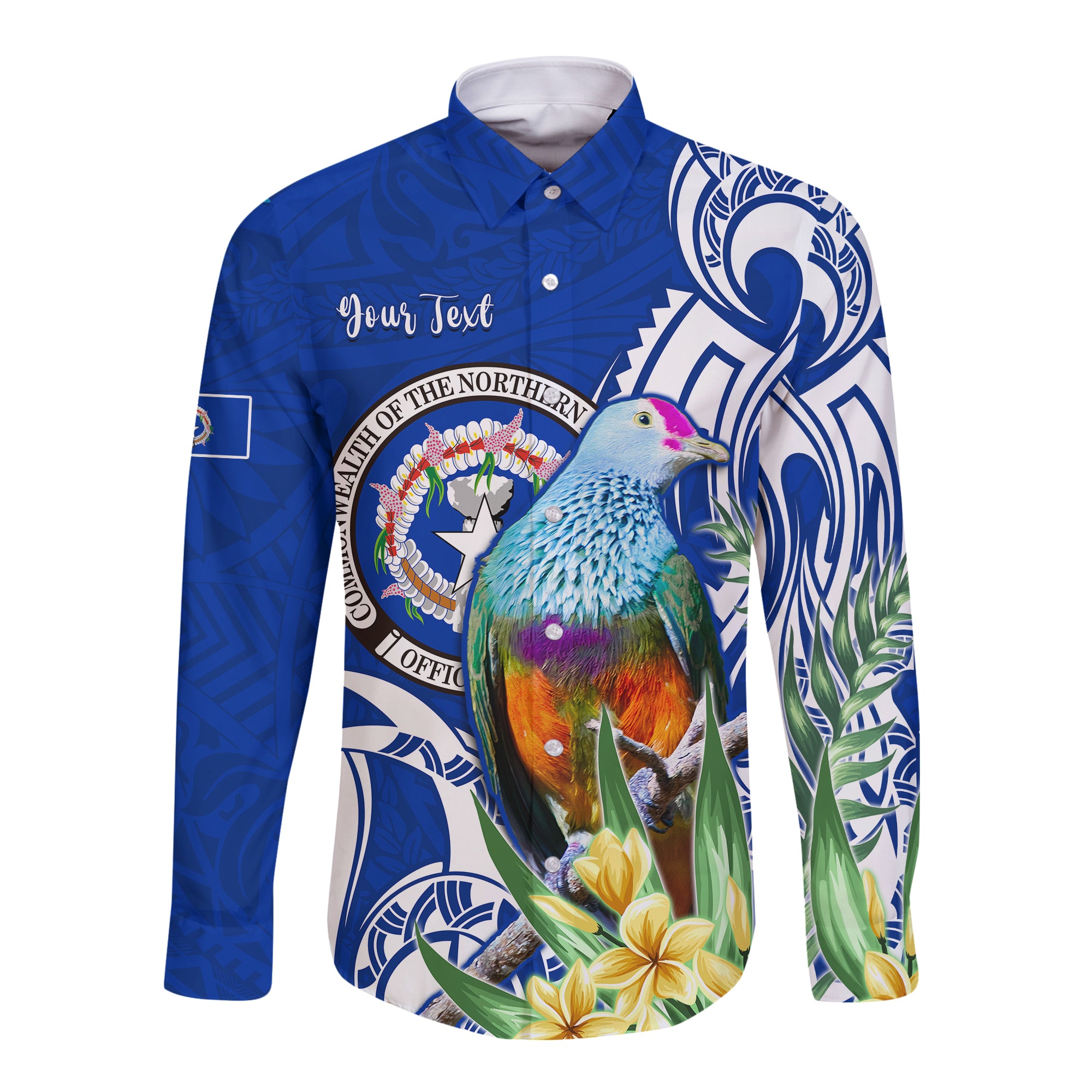 (Custom Personalised) Northern Mariana Islands Hawaii Long Sleeve Button Shirt Mariana Fruit Dove Mix Frangipani Flowers LT13 Unisex Blue - Polynesian Pride