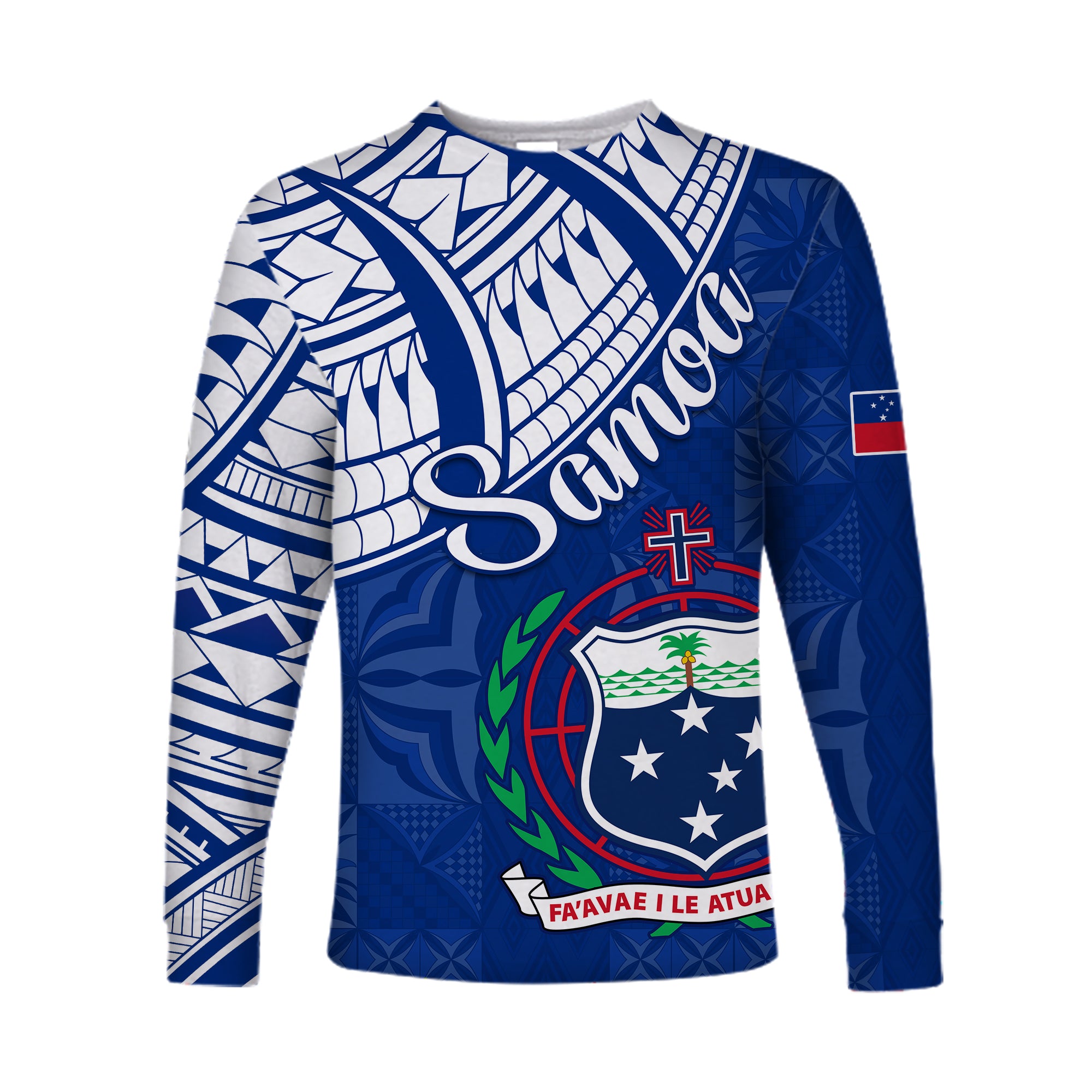 Samoa Siapo Long Sleeve Shirt Sporty Mix Barkcloth Panel LT13 Unisex Blue - Polynesian Pride