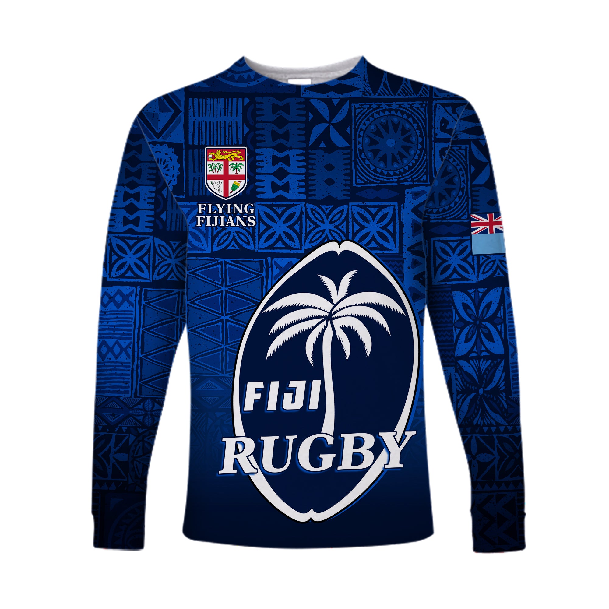 Fiji Rugby Long Sleeve Shirt Flying Fijians Blue Tapa Pattern LT13 Unisex Blue - Polynesian Pride