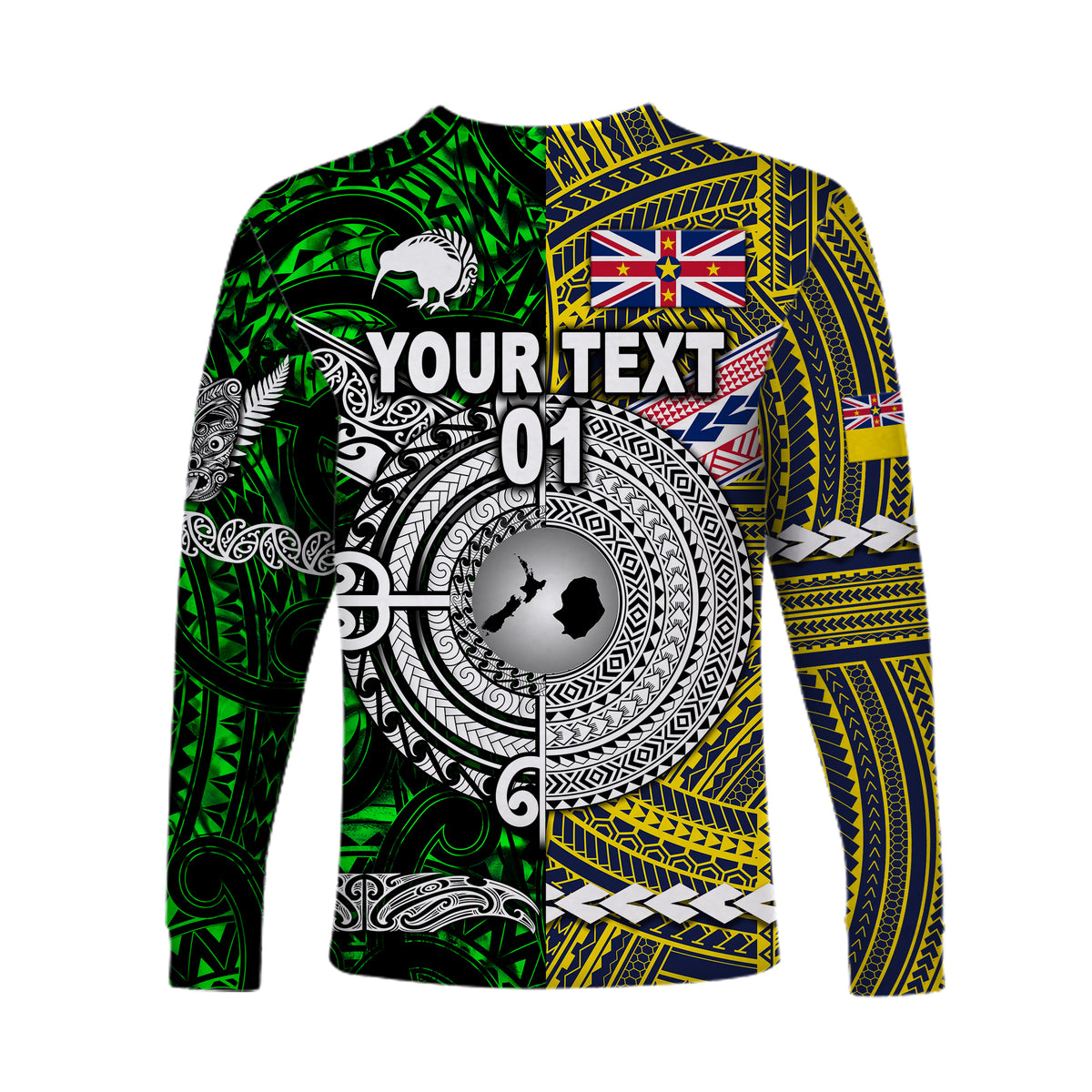 (Custom Personalised) New Zealand Maori Aotearoa And Niue Together Long Sleeve Shirts - Green, Custom Text And Number LT8 - Polynesian Pride