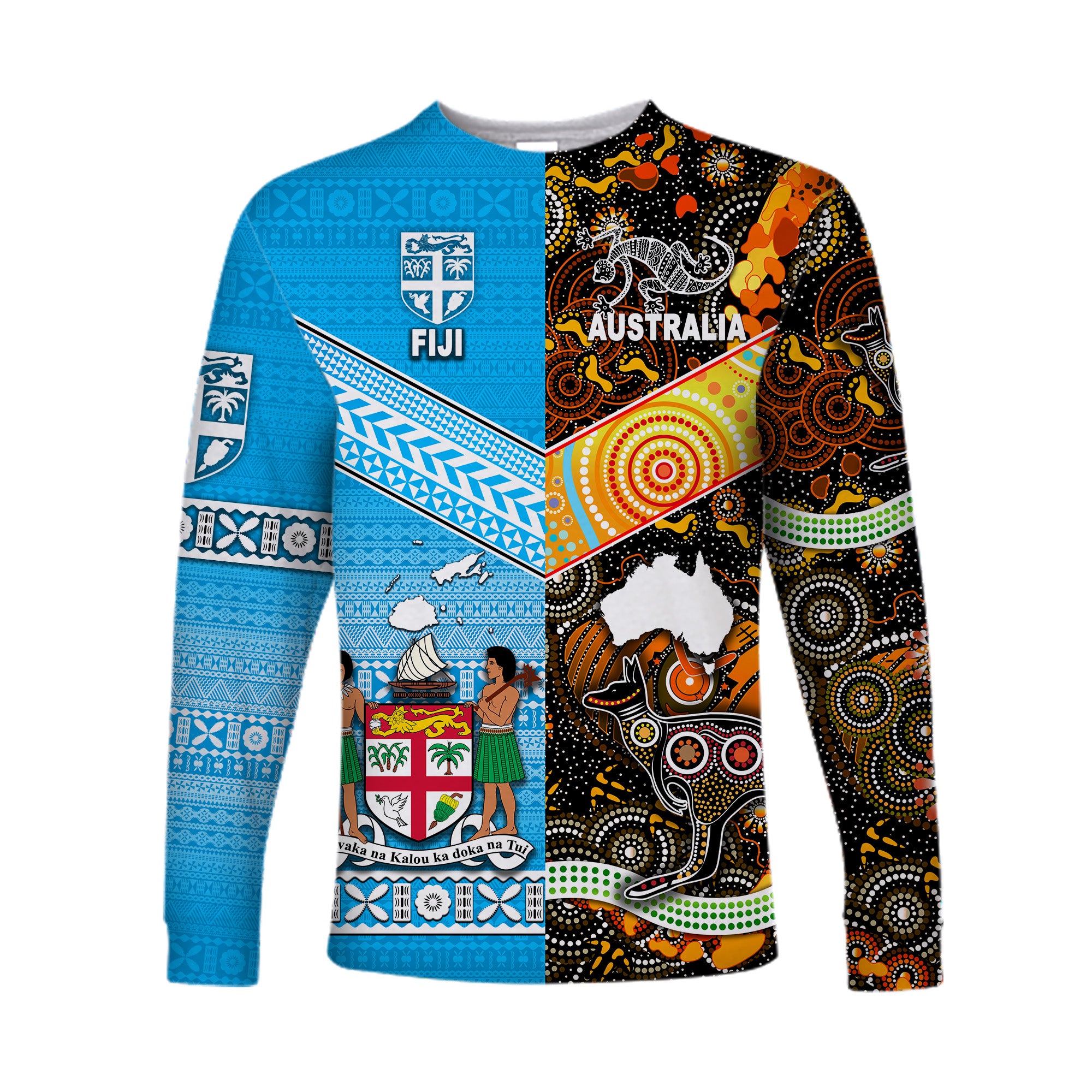 (Custom Personalised) Australia Aboriginal And Fiji Tapa Long Sleeve Shirt Together LT8 Unisex Blue - Polynesian Pride