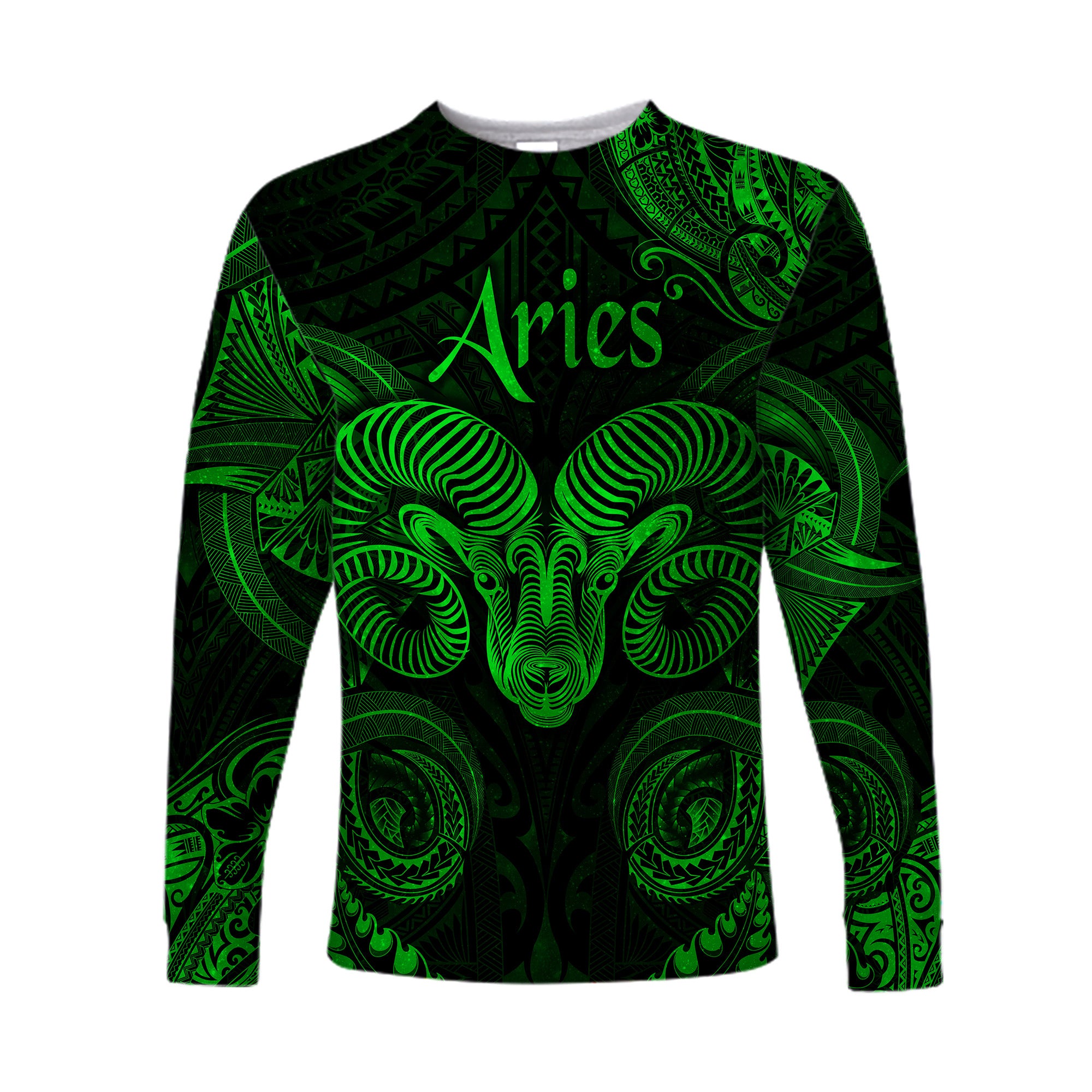 (Custom Personalised) Aries Zodiac Polynesian Long Sleeve Shirt Unique Style - Green LT8 Unisex Green - Polynesian Pride