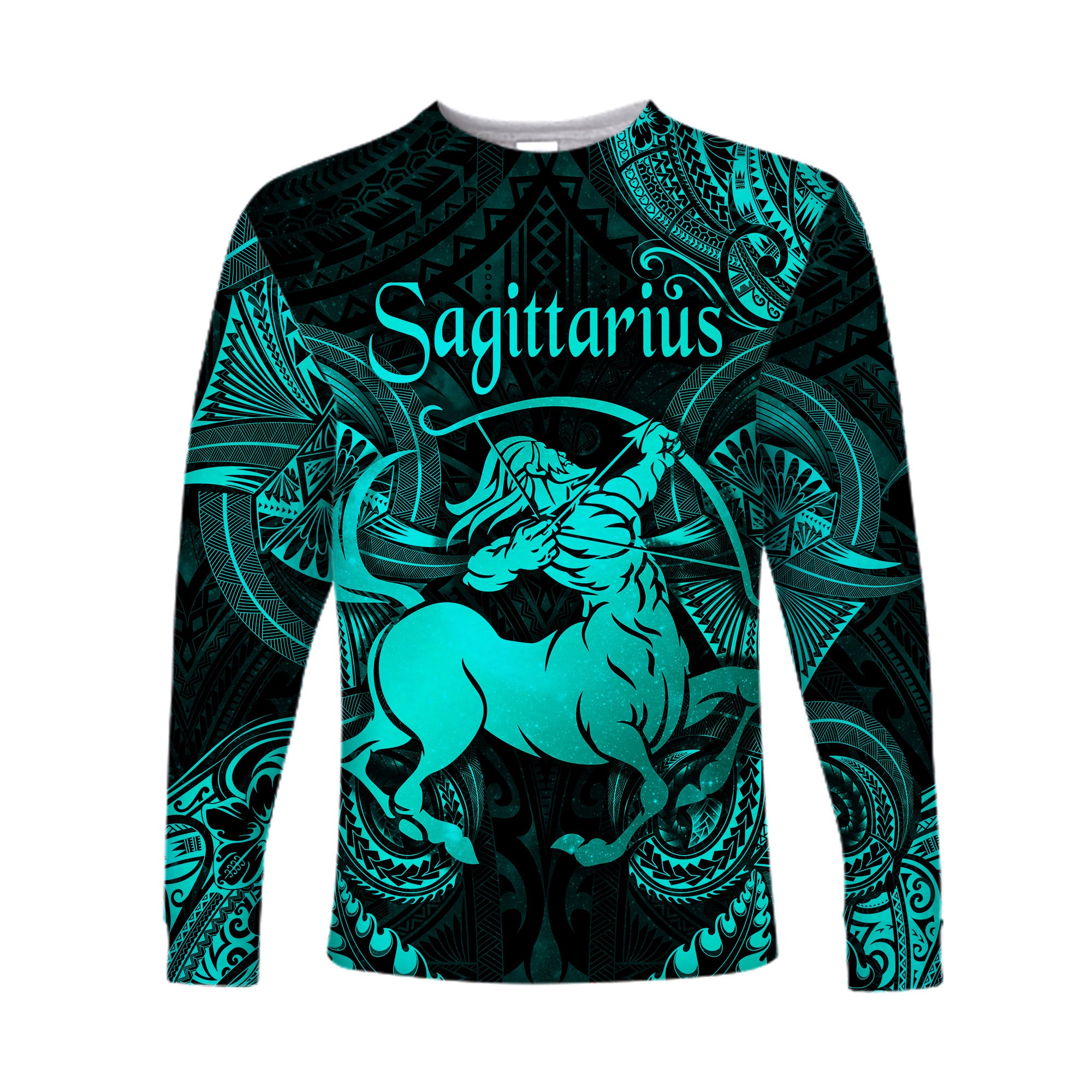 (Custom Personalised) Sagittarius Zodiac Polynesian Long Sleeve Shirt Unique Style - Turquoise LT8 Unisex Turquoise - Polynesian Pride