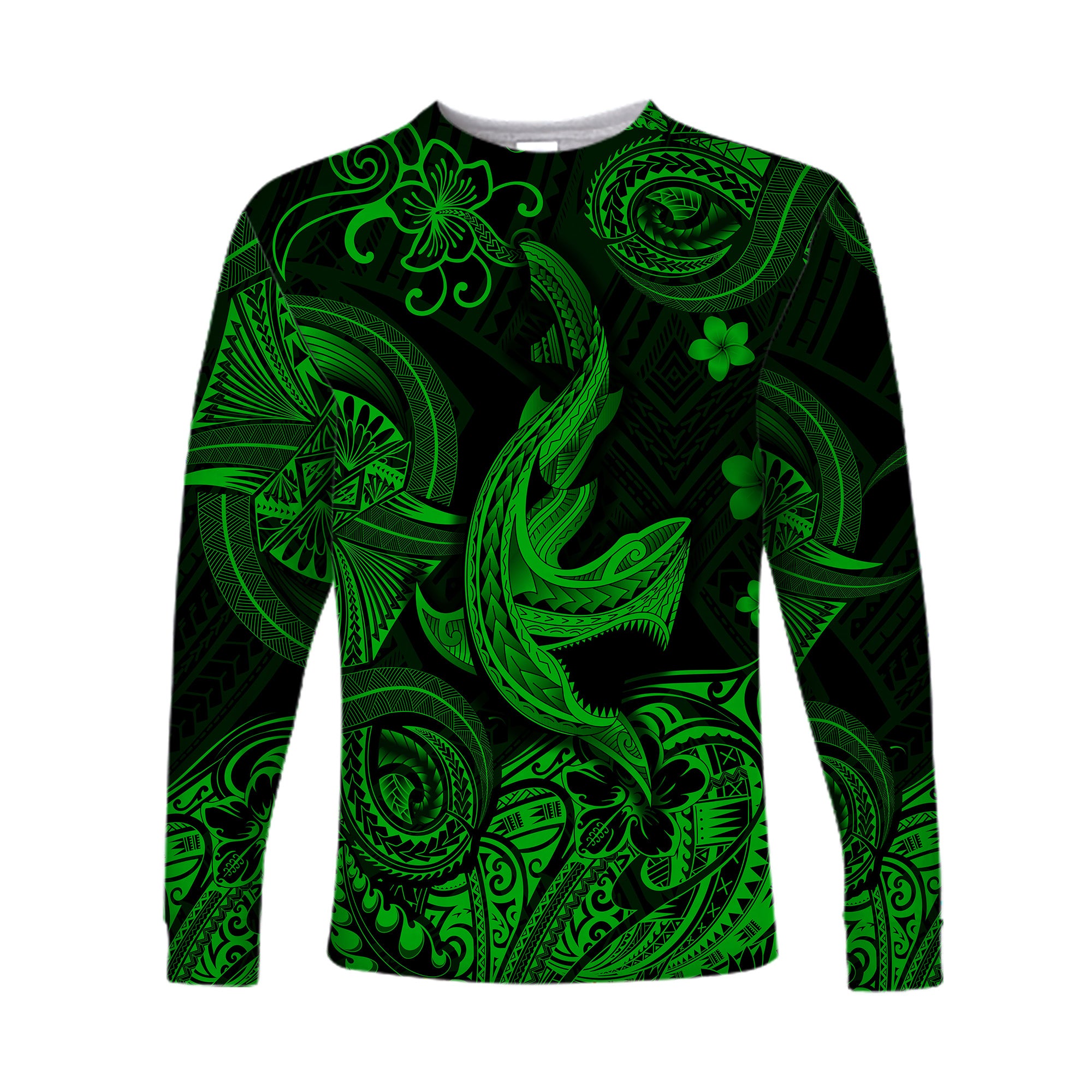 Hawaii Angry Shark Polynesian Long Sleeve Shirt Unique Style - Green LT8 - Polynesian Pride