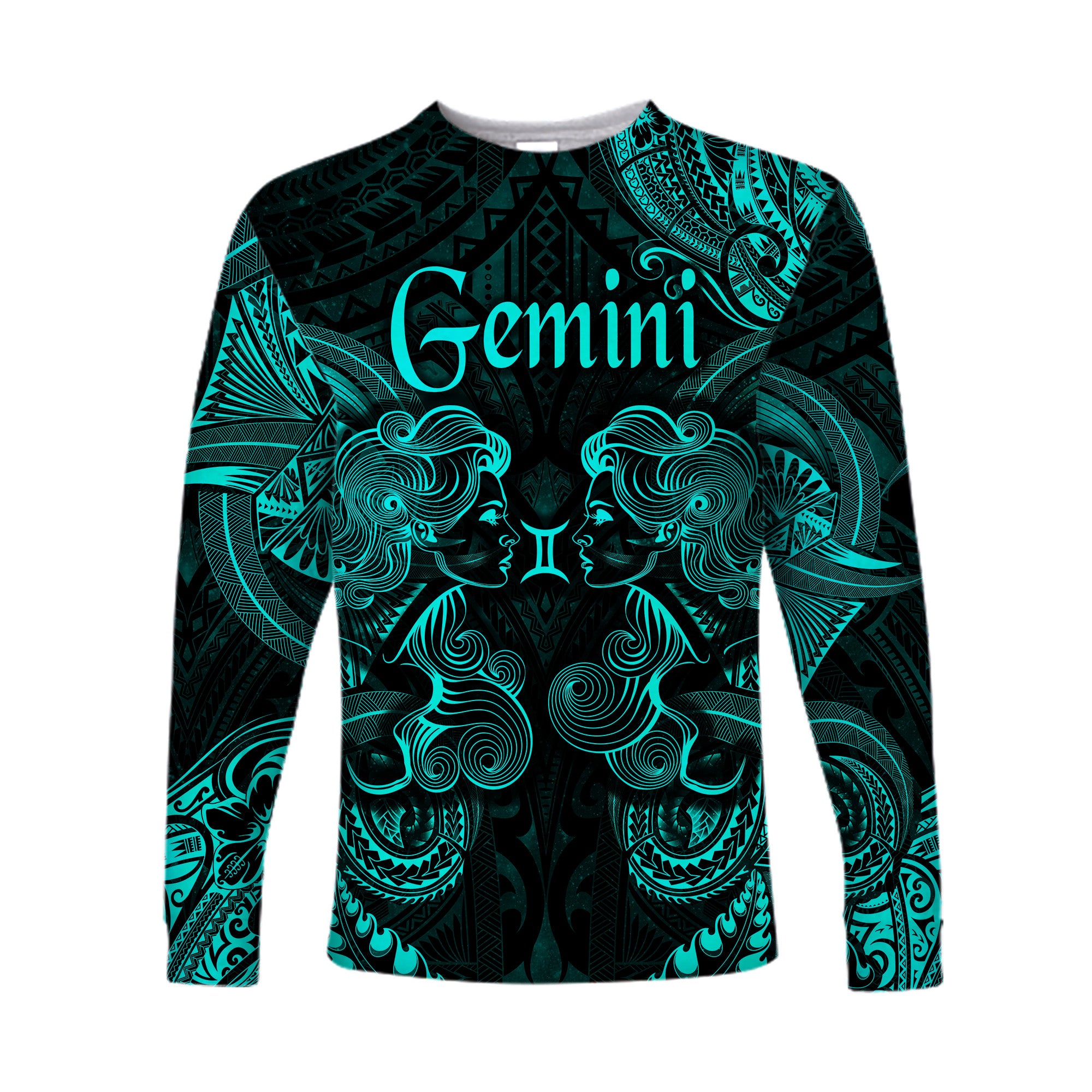 Gemini Zodiac Polynesian Long Sleeve Shirt Unique Style - Turquoise LT8 Unisex Turquoise - Polynesian Pride