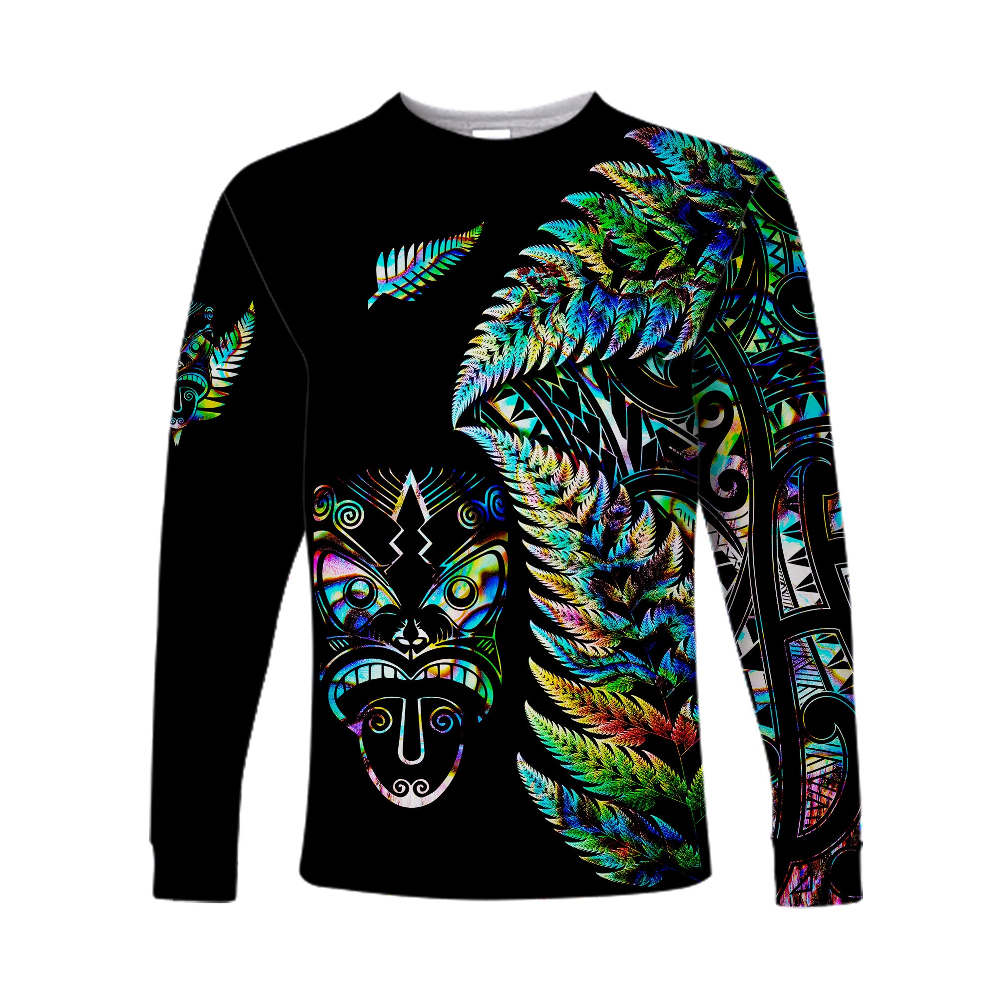 New Zealand Haka Rugby Maori Long Sleeve Shirt Silver Fern Vibes - Paua Shell LT8 Unisex Green - Polynesian Pride