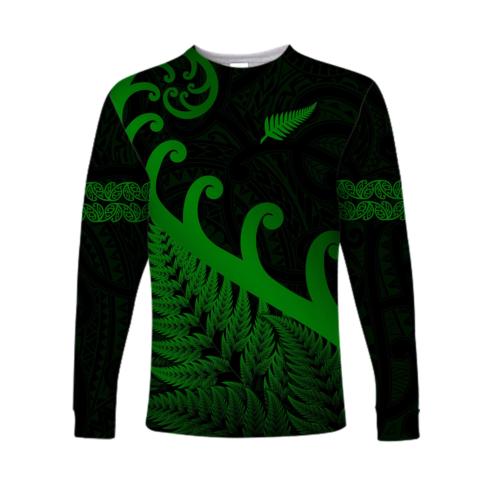 New Zealand Rugby Maori Long Sleeve Shirt Silver Fern Koru Vibes - Green LT8 Unisex Green - Polynesian Pride