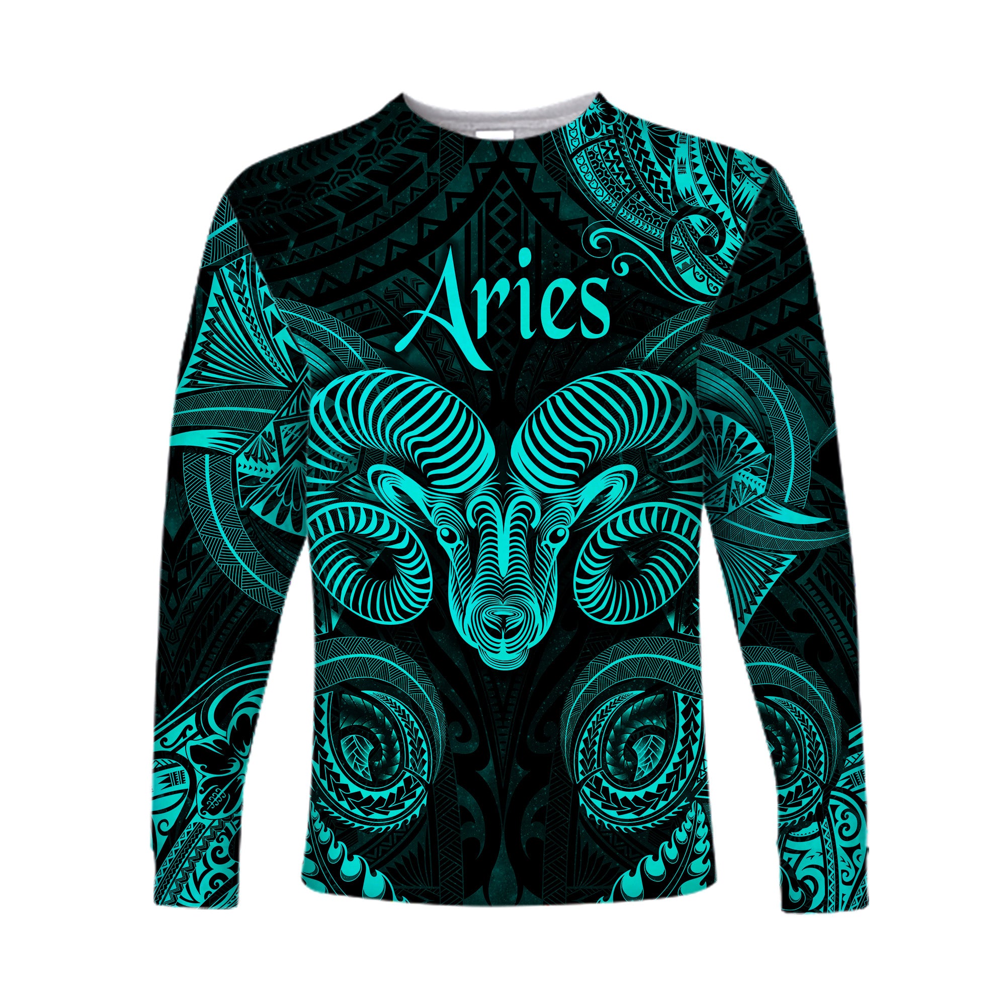 (Custom Personalised) Aries Zodiac Polynesian Long Sleeve Shirt Unique Style - Turquoise LT8 Unisex Turquoise - Polynesian Pride