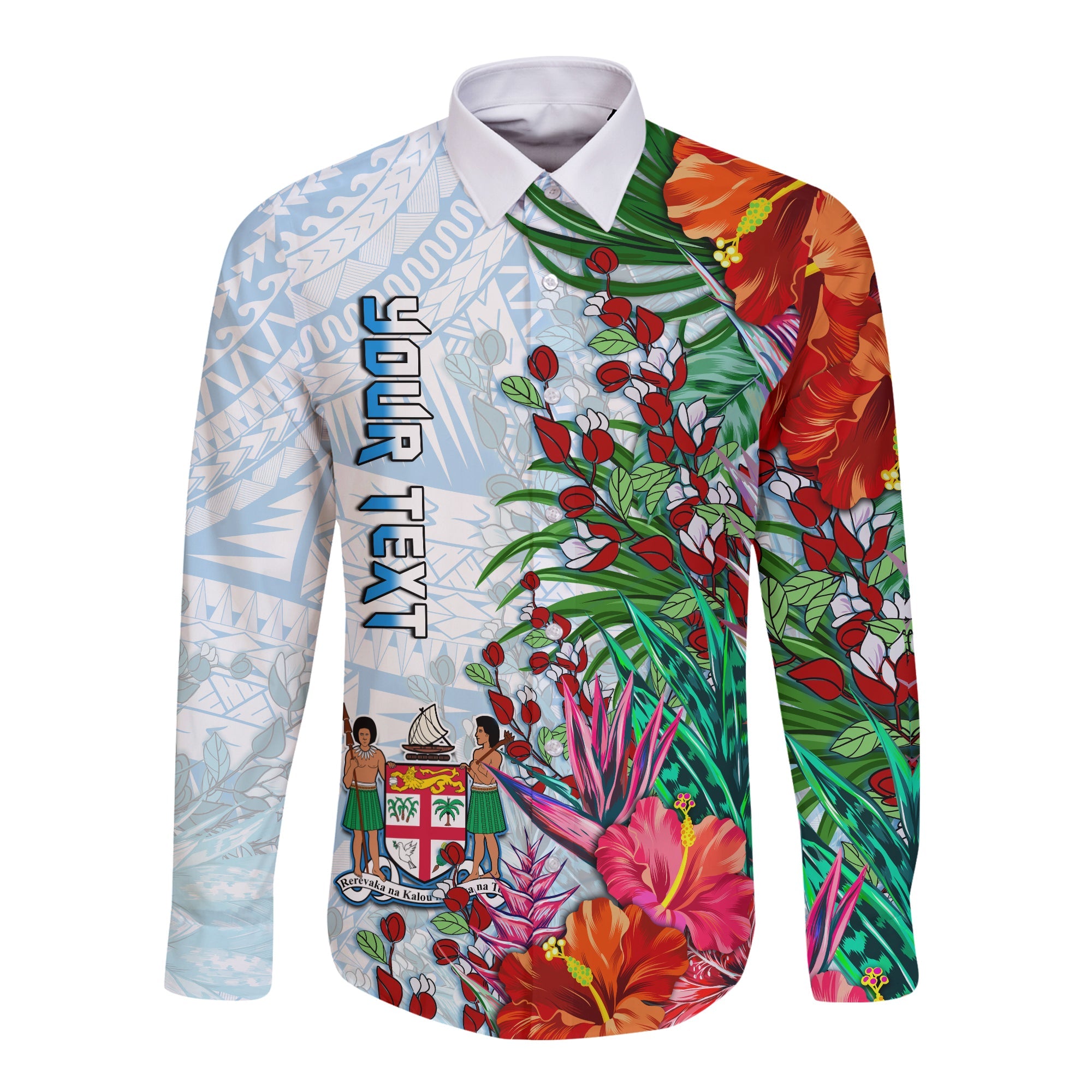 (Custom Personalised) Fiji Long Sleeve Button Shirt Proud Fijian Tapa mix Tagimoucia Flowers LT13 Unisex White - Polynesian Pride