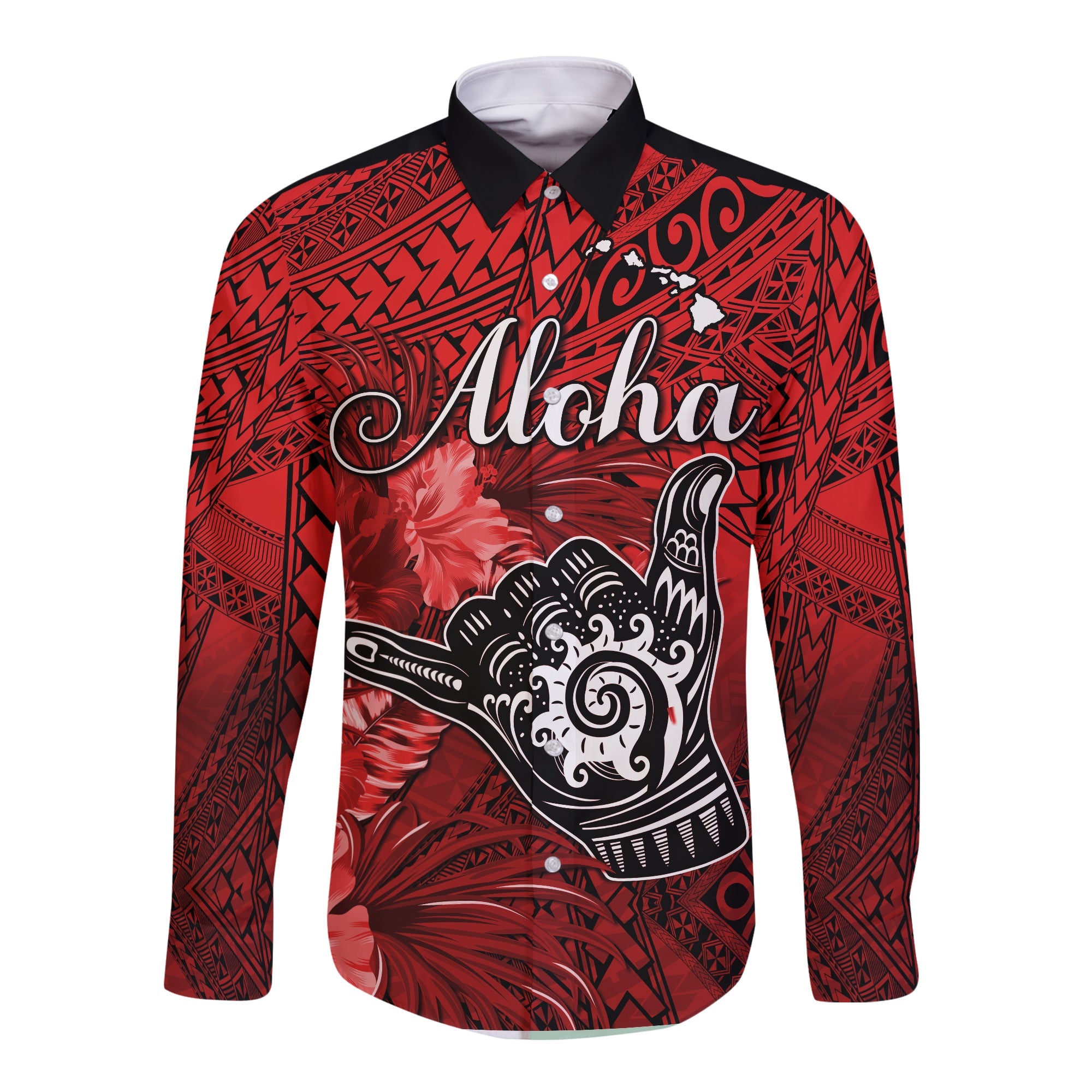 The Shaka Hawaii Long Sleeve Button Shirt Tropical Flowers Red Version LT13 Unisex Red - Polynesian Pride