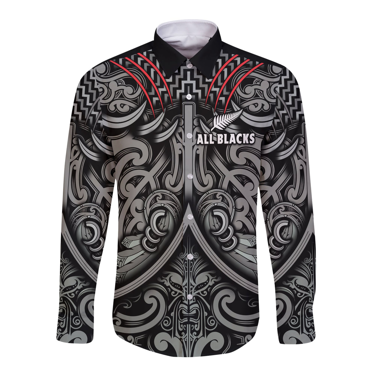 (Custom Text and Number) New Zealand Silver Fern Rugby Long Sleeve Button Shirt All Black NZ Maori Pattern LT13 - Polynesian Pride