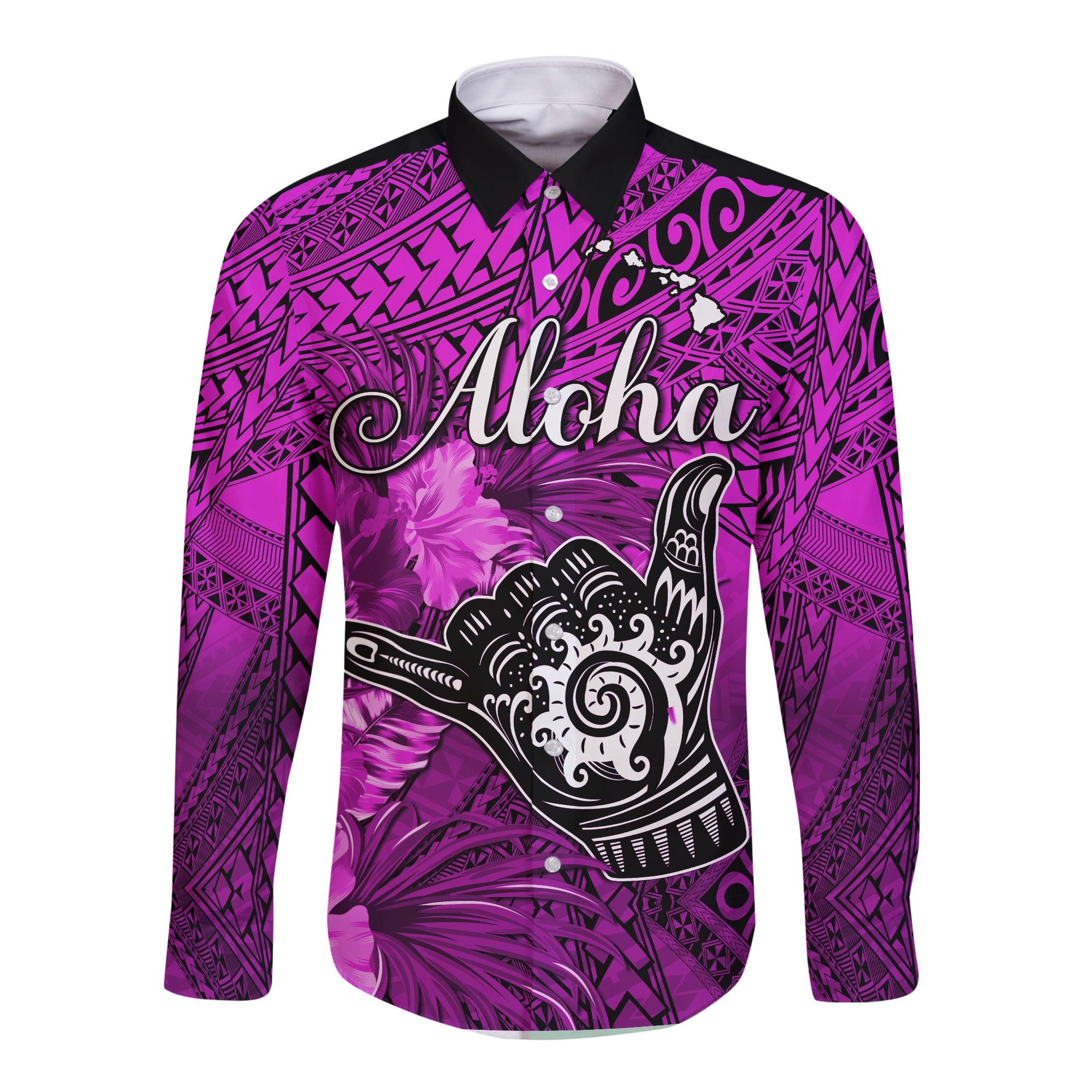 The Shaka Hawaii Long Sleeve Button Shirt Tropical Flowers Purple Version LT13 Unisex Purple - Polynesian Pride