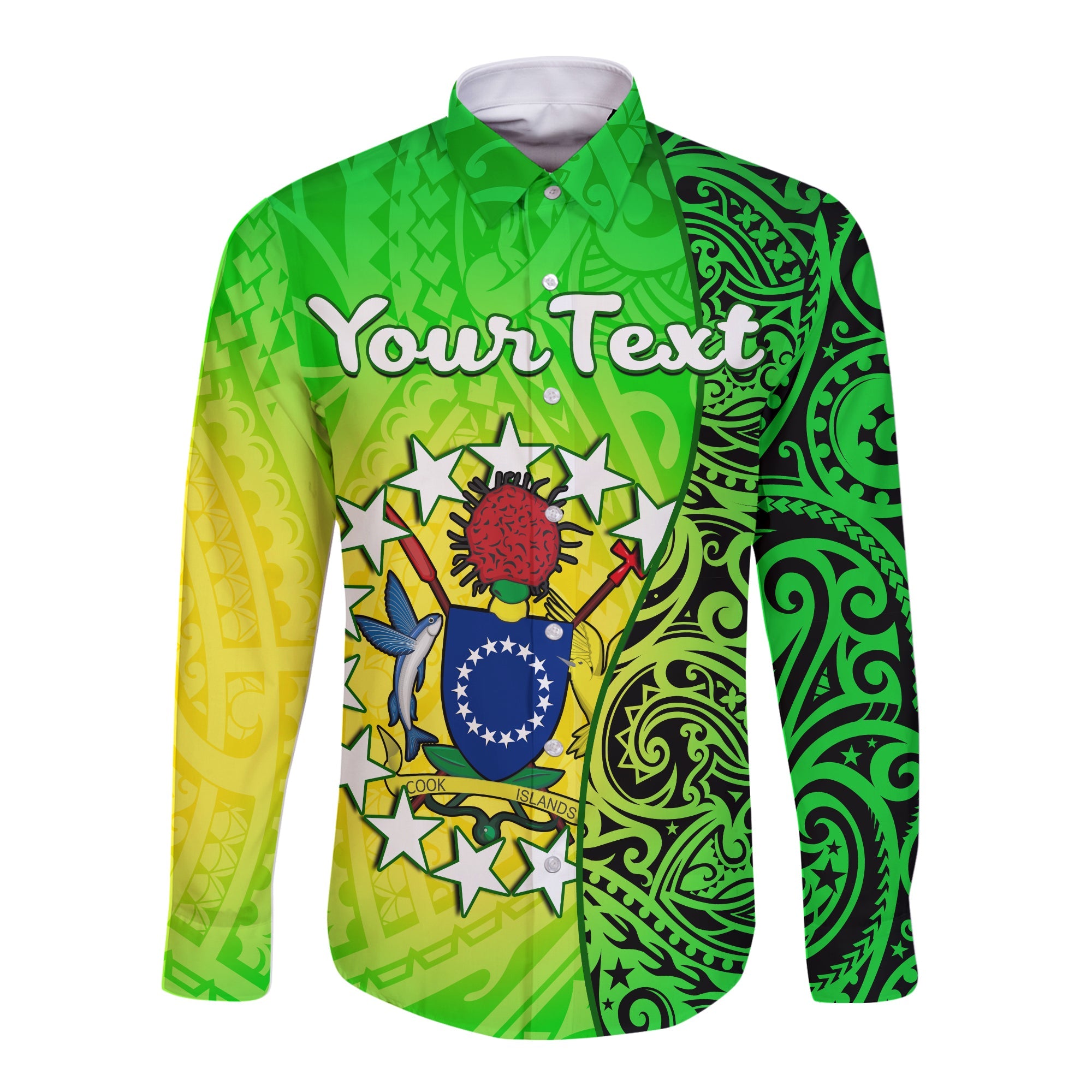 (Custom Personalised) Cook Islands Long Sleeve Button Shirt Cook Islands Coat Of Arms Turtle Polynesian LT14 Unisex Green - Polynesian Pride